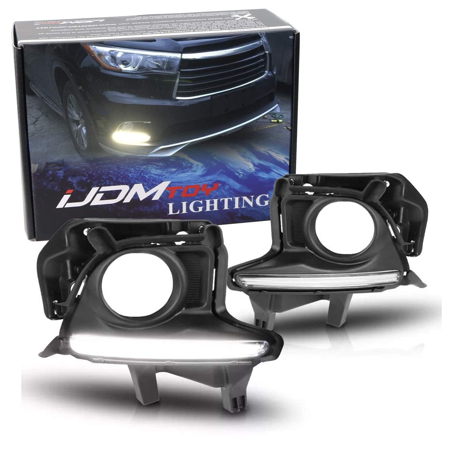 iJDMTOY Xenon White LED DRL Fog Light Kit for 2014-2016 Toyota Highlander - OEM Style Direct Replacement Daytime Running Lights with Fog Light Bezels | Perfect for Night Driving & Off-Road Adventures