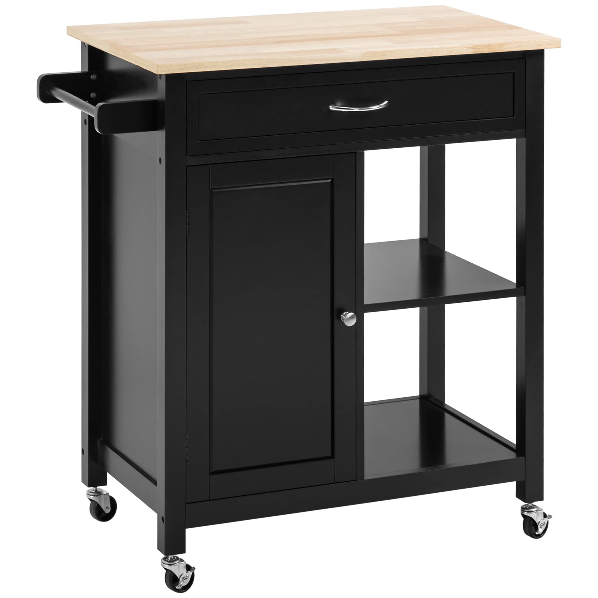 HOMCOM Kitchen Island Cart with Storage Shelf & Drawer - Solid Wood Top, Rolling Mobile Kitchen Cart for Dining Room - Black | Perfect for Small Kitchen Storage & Food Prep Station