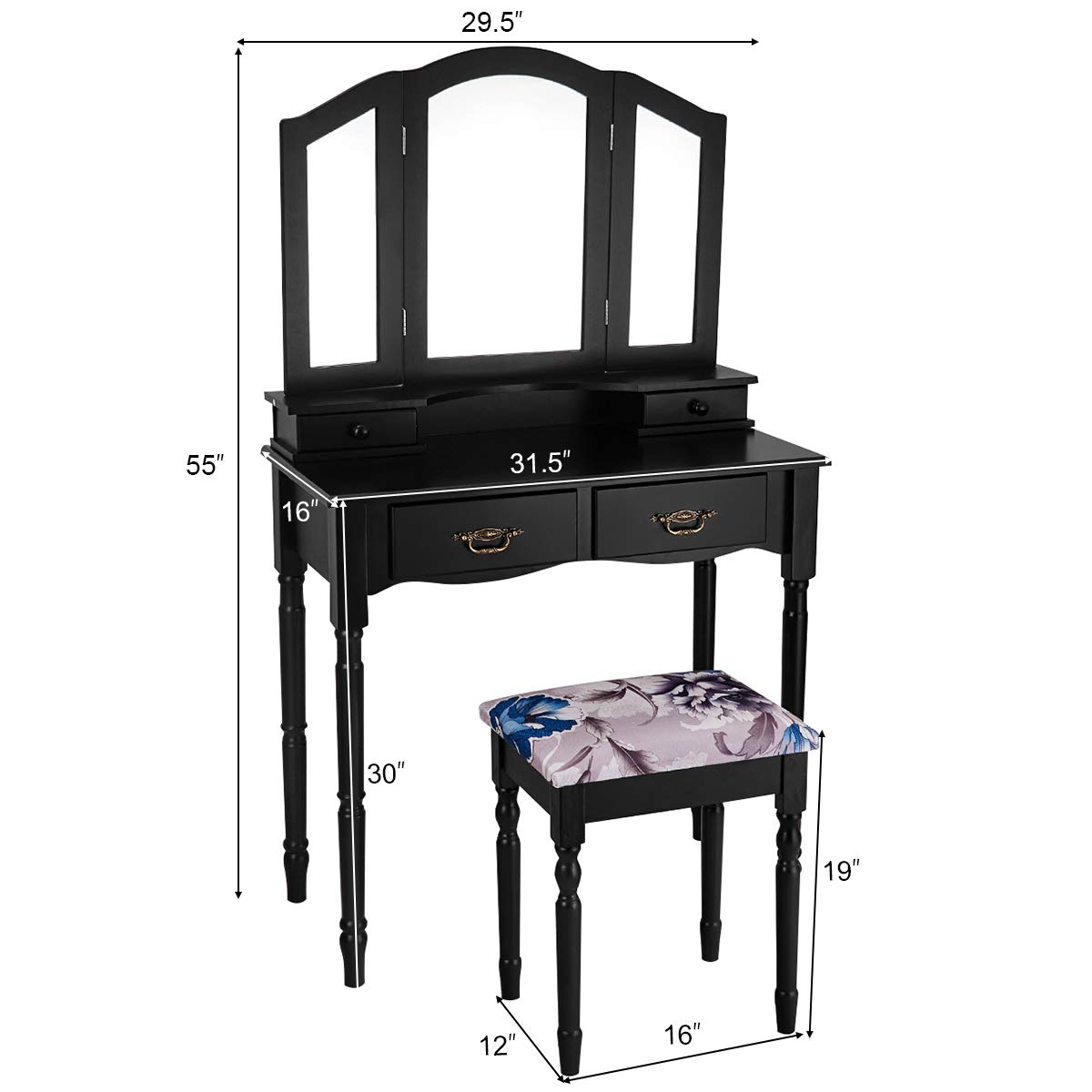 GOFLAME Vanity Table Set with Tri-Folding Mirror, 4 Drawers & Spacious Tabletop - Detachable Makeup Dressing Table with Cushioned Stool for Bedroom (Black) | Perfect Makeup Organizer for Small Spaces & Beauty Routine