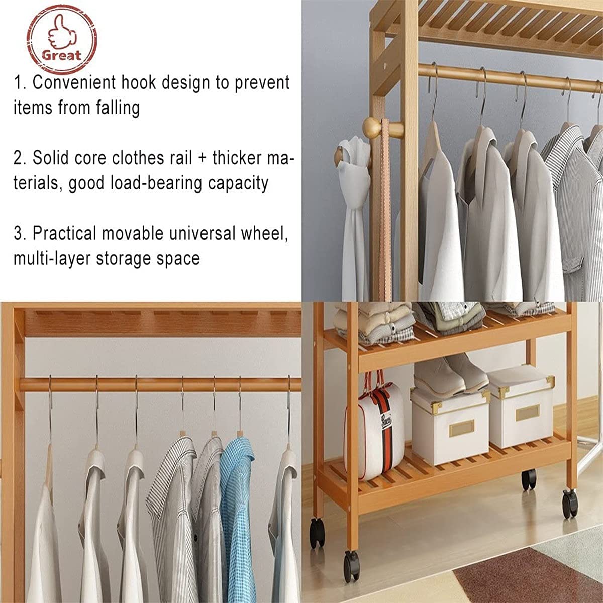 3-Tier Bamboo Clothing Rack with Wheels - 60CM Entryway Garment Organizer for Coats, Shoes & Clothes Storage | Perfect for Bedroom, Closet & Small Space Organization