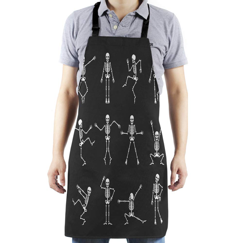 Funny Skeleton Print Kitchen Apron for Women & Men - Adjustable Cooking, Baking, Gardening Bib with Cartoon Dancing Bones Design - Perfect for Halloween, BBQ Parties & Home Use