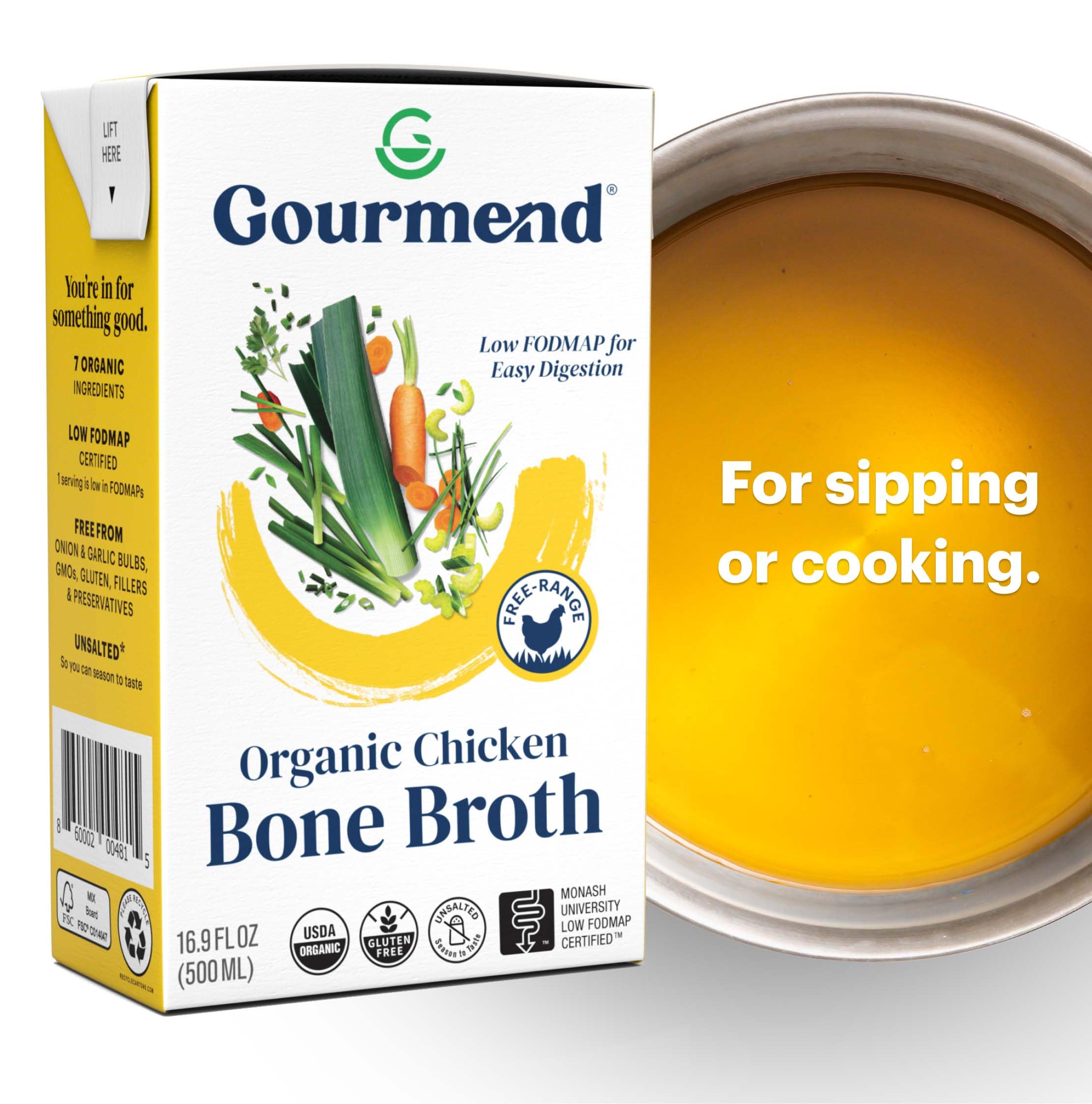 Organic Unsalted Chicken Bone Broth 16.9oz (12 Pack) – 7 Simple Ingredients, Low FODMAP Certified, Gluten Free, No Fillers, No Onion or Garlic – Perfect for Keto, Paleo & Gut Health Diets