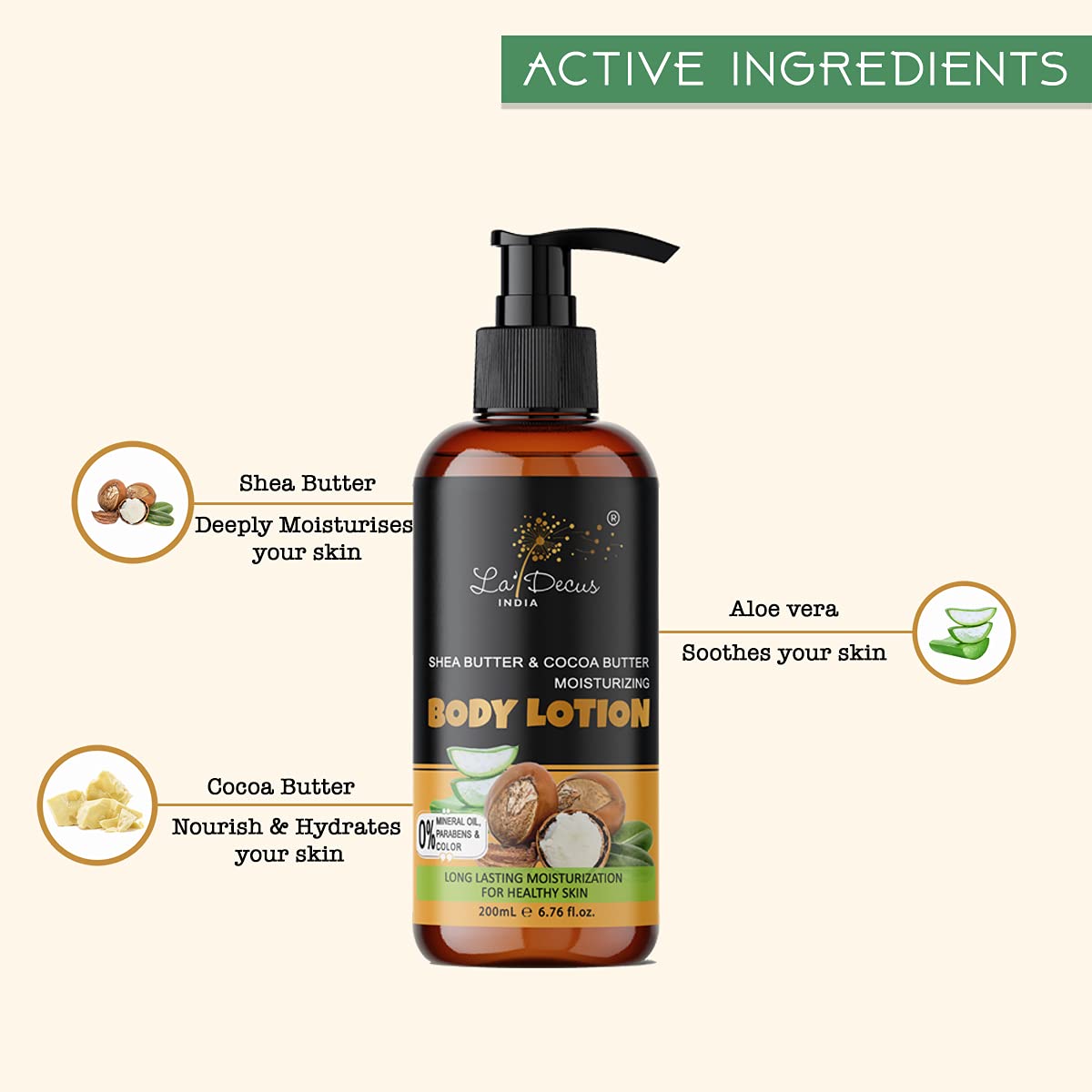La' Decus INDIA Moisturizing Body Lotion with Shea Butter & Cocoa Butter - Deep Hydration for Dry Skin | Paraben-Free, Silicone-Free, Mineral Oil-Free | 200ml | Perfect for Daily Skincare & After-Shower Moisturizing