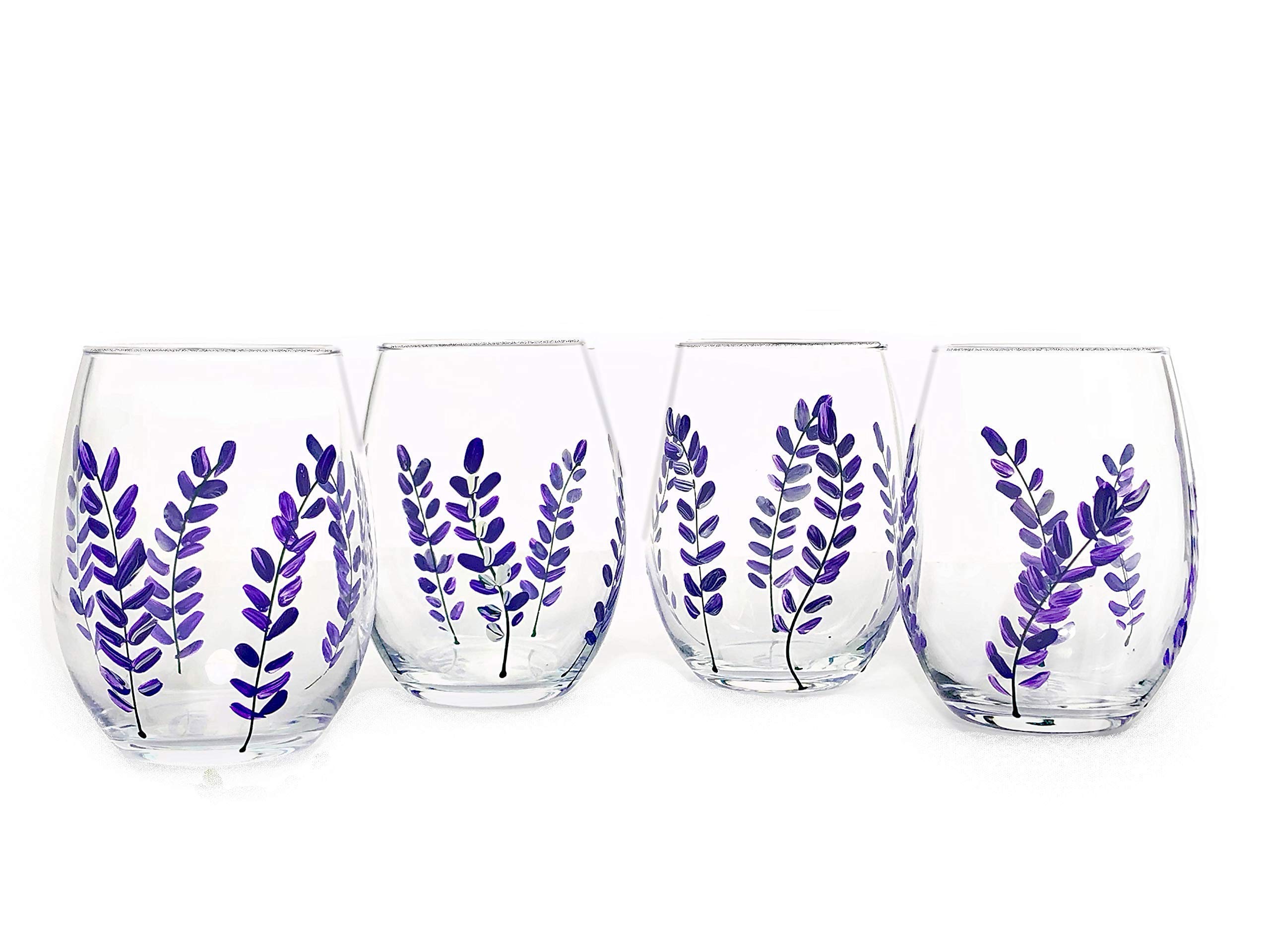 Purple Lavender Flower Stemless Wine Glasses - Hand Painted Set of 4 (15 oz) - Elegant Spring Floral Wine Cups - Perfect Mother's Day Gift for Mom - Ideal for Wine Tasting, Bridal Showers & Home Decor