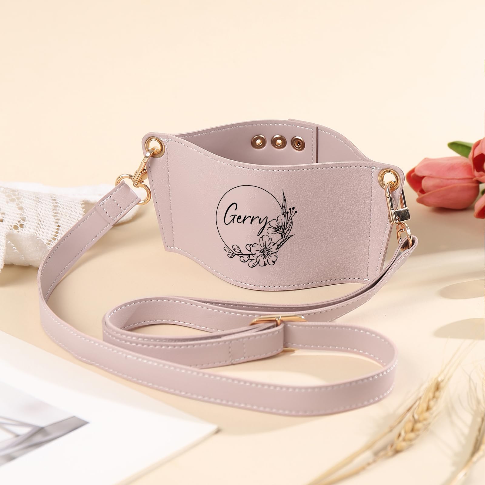 **Personalized Name Water Bottle Holder - Adjustable Strap Leather Cup Carrier Bag - Custom Gifts for Women, Gym, Hiking & Travel**