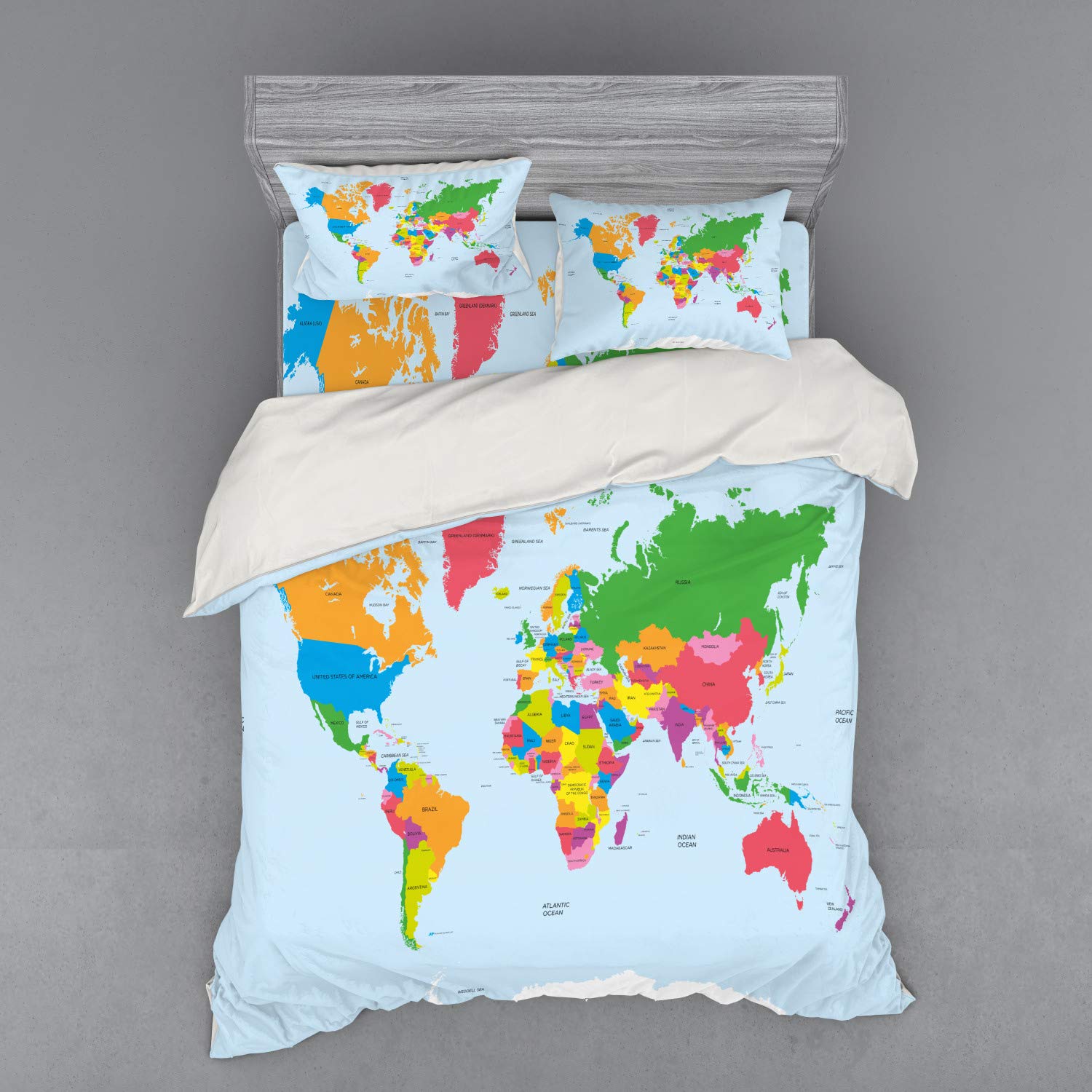 Ambesonne World Map Duvet Cover Set - Colorful Political Style World Map Design for Travel Lovers | 4-Piece Queen Size Bedding Set with Pillow Shams & Fitted Sheet | Perfect for Travel-Themed Bedrooms, Guest Rooms & Adventure Decor