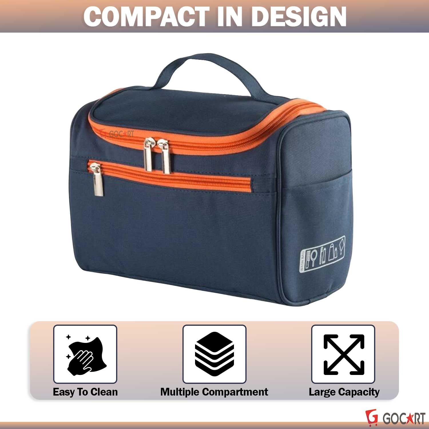 GOCART WITH G LOGO Portable Mini Hanging Travel Makeup Organizer - Waterproof Cosmetic Bag for Women, Blue & Orange - Perfect for Travel, Gym & Daily Use