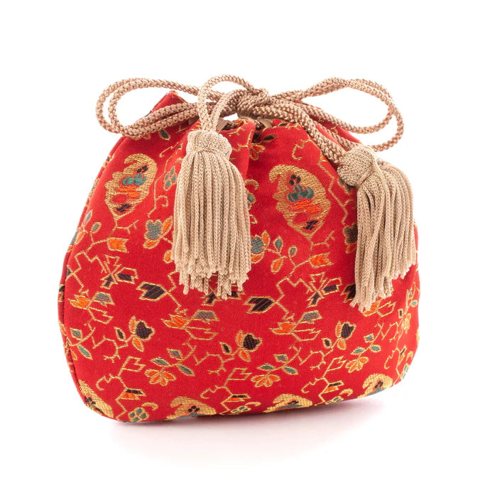 Nishijin Ori Small Drawstring Bag - Handmade Kyoto Japanese Traditional Craft Purse with Floral, Fruit & Tree Patterns (Red) | Perfect for Gift, Cosmetics & Jewelry Storage
