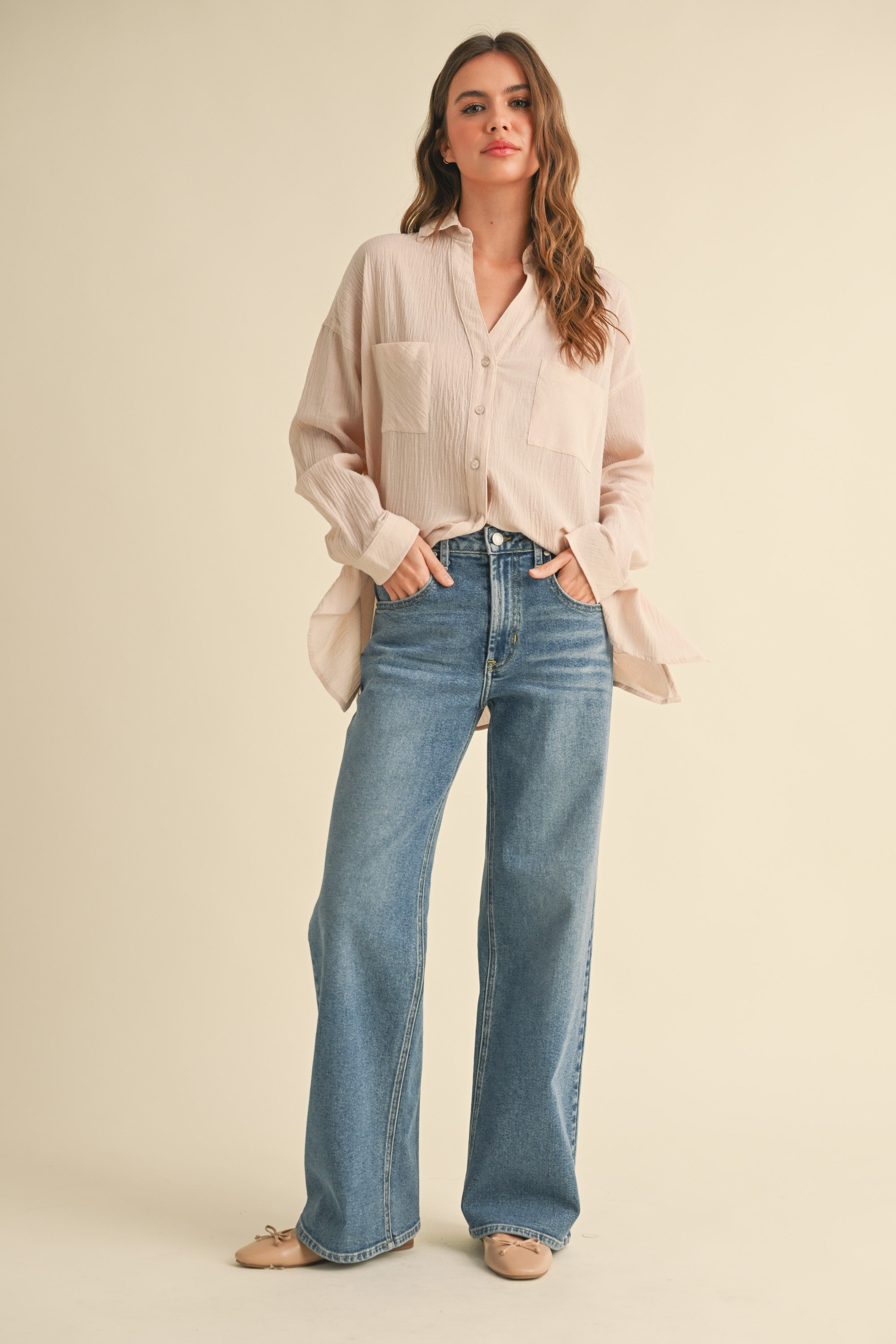 Beige Cotton Gauze Oversized Button Down Shirt for Women | Soft & Breathable Loose Fit Blouse | Perfect for Casual Wear, Beach Cover-Up & Boho Outfits