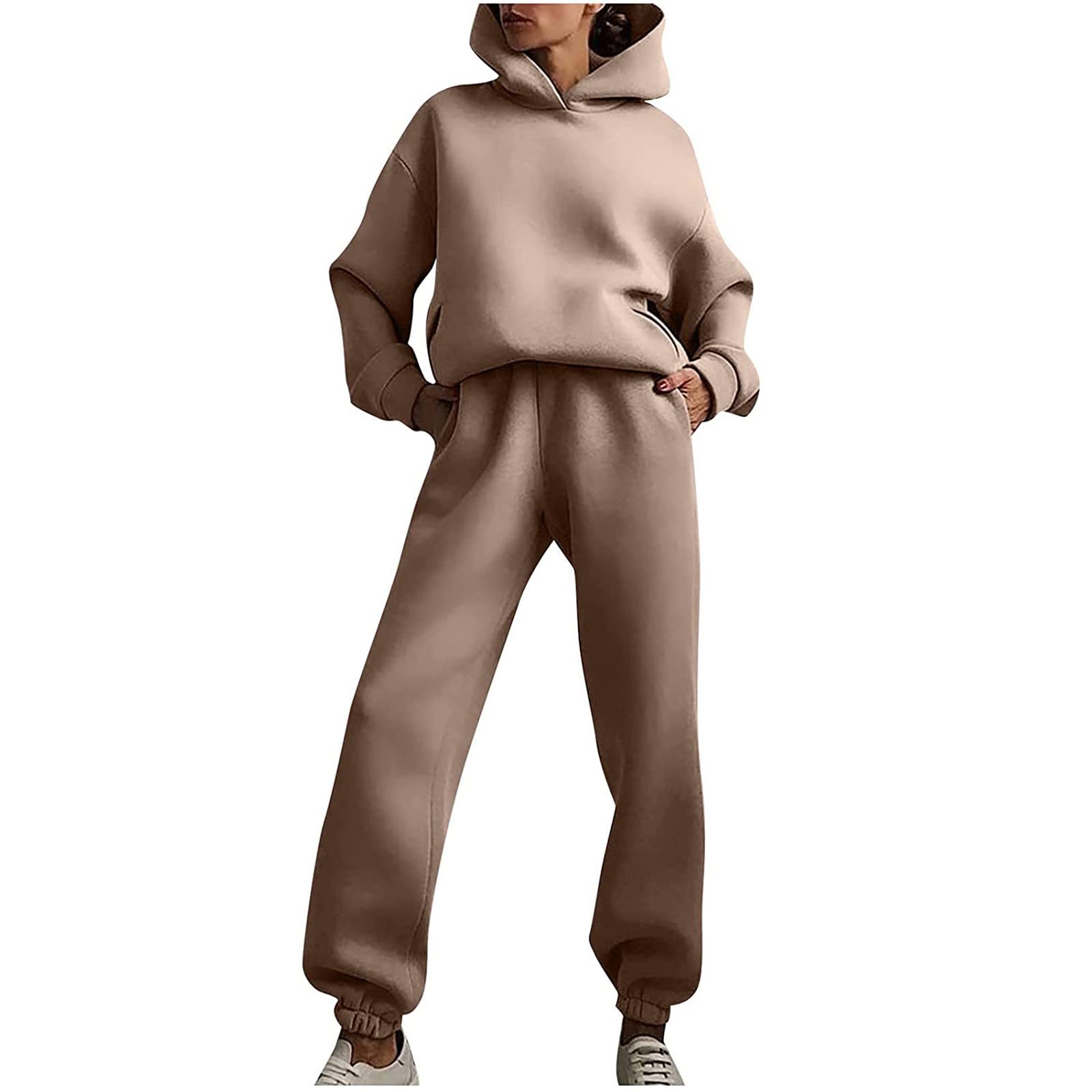 FEDULKSTORE Women's Casual Tracksuit Set - Long Sleeve Hoodie & Jogger Pants, Solid Color Sportswear for Fall/Winter (Coffee, Large) | Perfect for Workout, Lounge & Everyday Wear