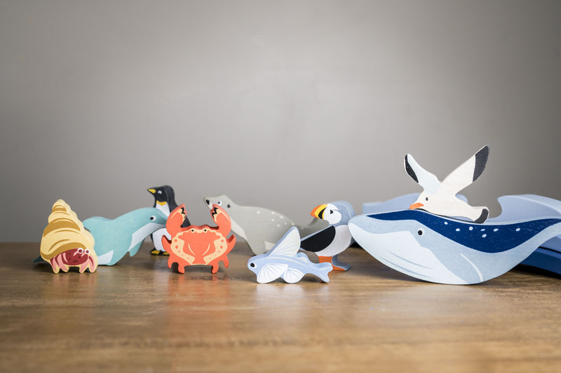 Coastal Creatures Wooden Animal Play Set - Eco-Friendly & Non-Toxic Wooden Toys for Kids, Perfect for Beach Themed Playrooms & Ocean Learning Activities