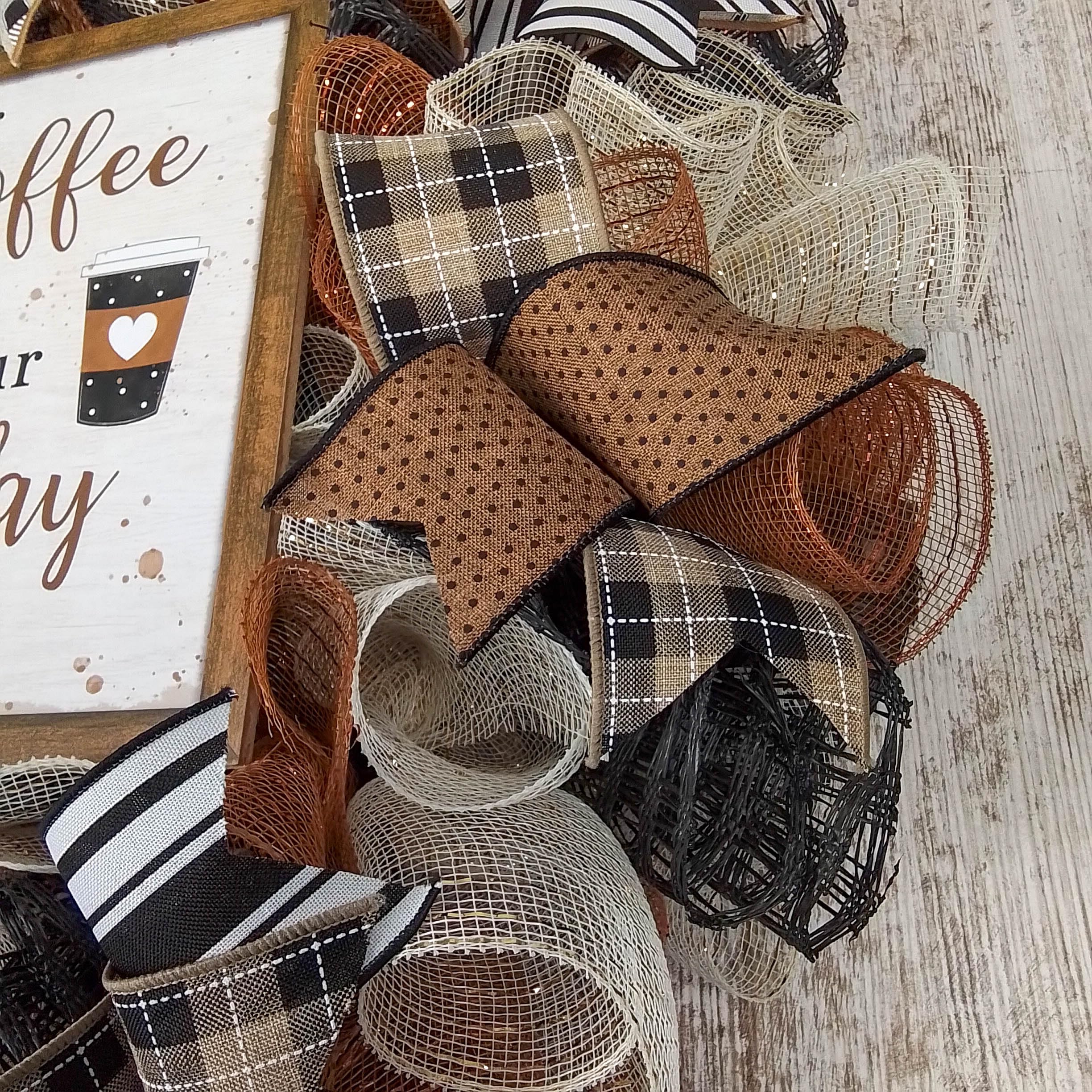 Farmhouse Coffee Wreath - Rustic Burlap Decor for Coffee Lovers - Brown Black White Wall Hanging - Perfect for Kitchen, Living Room & Coffee Shop Decor