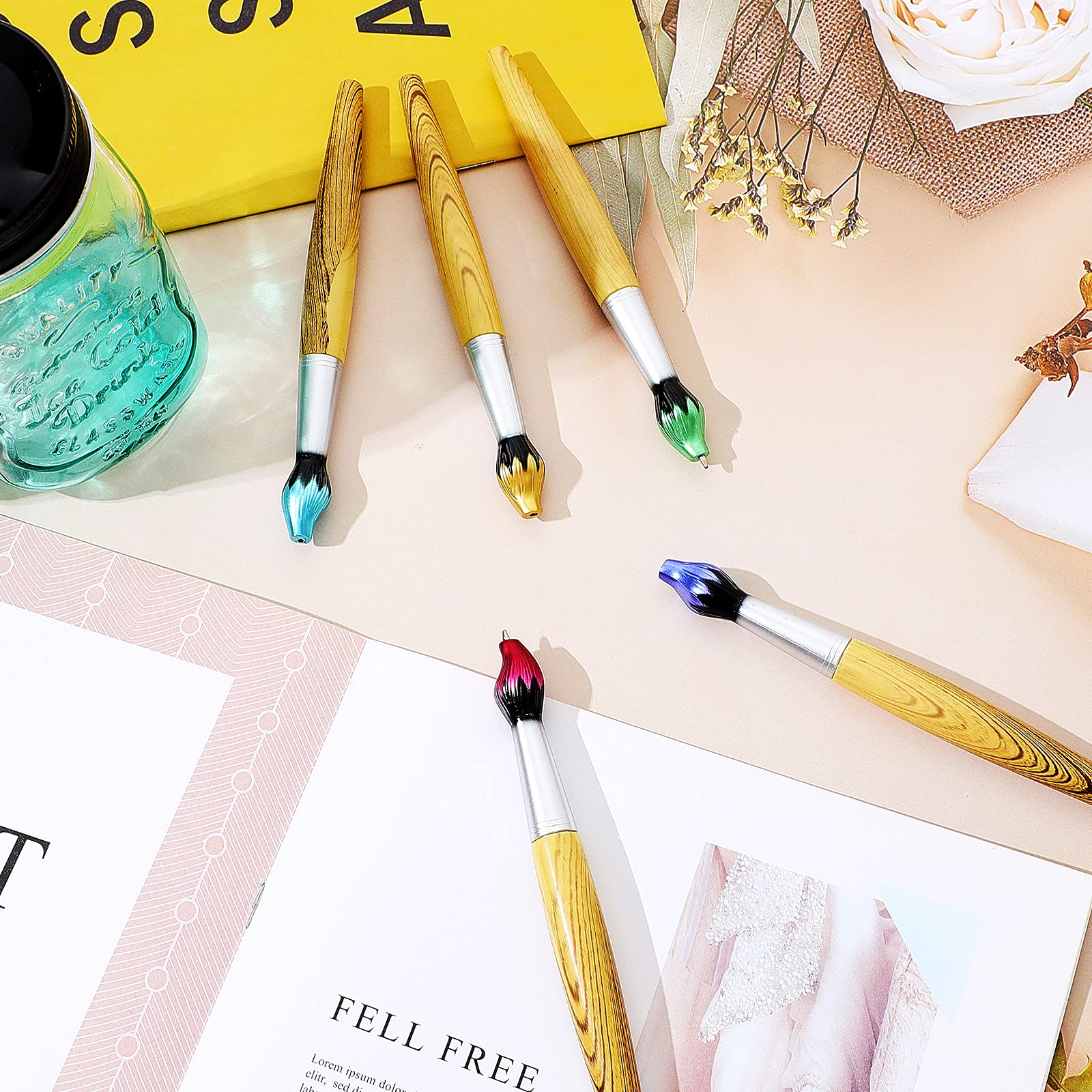 Outus 5-Piece Bamboo Paintbrush Style Retractable Ballpoint Pens - Unique Art Teacher Gifts & Party Favors for Artists, Students & Creative Writing - Perfect for Art Classes, Sketching & Crafting Projects