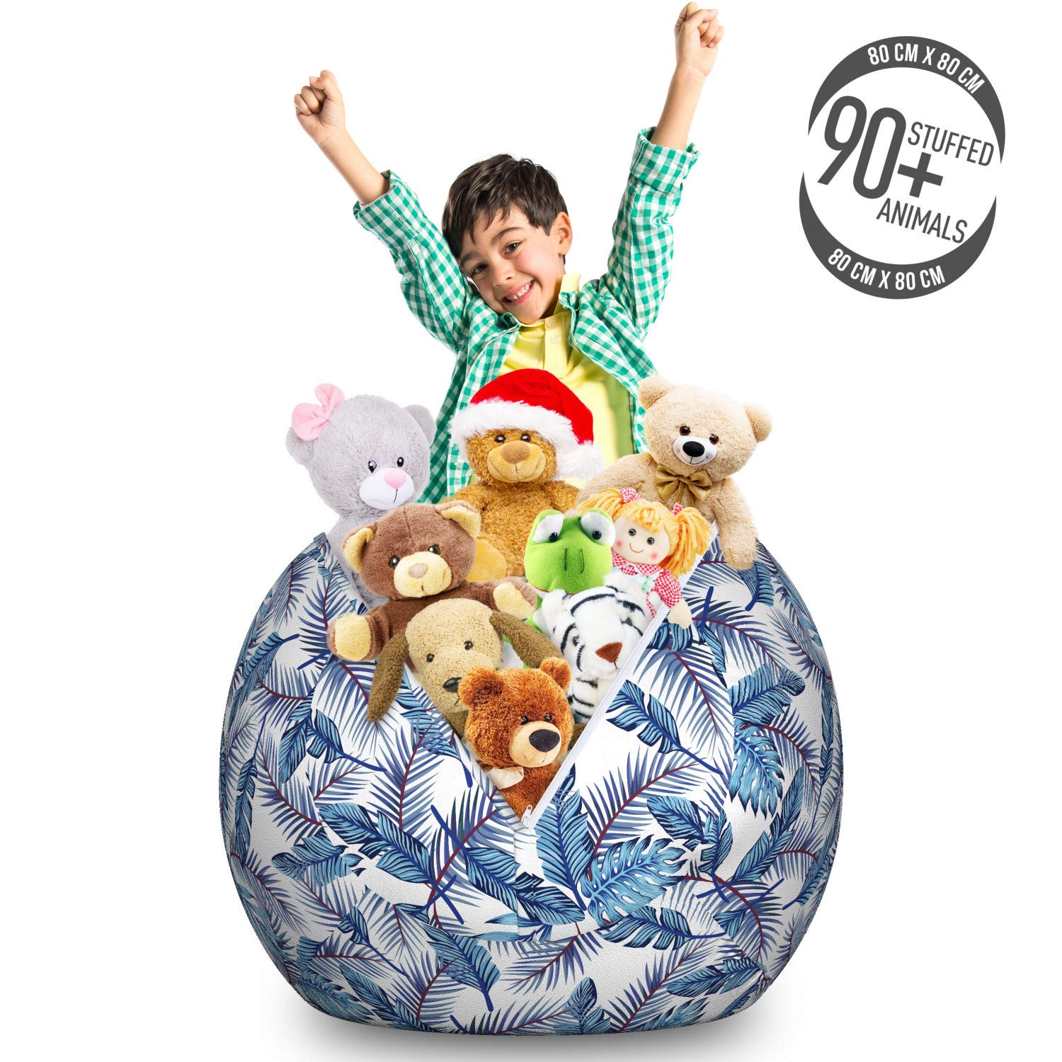 Ambesonne Botany Storage Toy Bag Chair - Large Washable Stuffed Animal Organizer with Exotic Palm Leaf Art Print - White, Blue, Dark Fuchsia - Perfect for Kids' Room, Nursery, and Playroom Organization