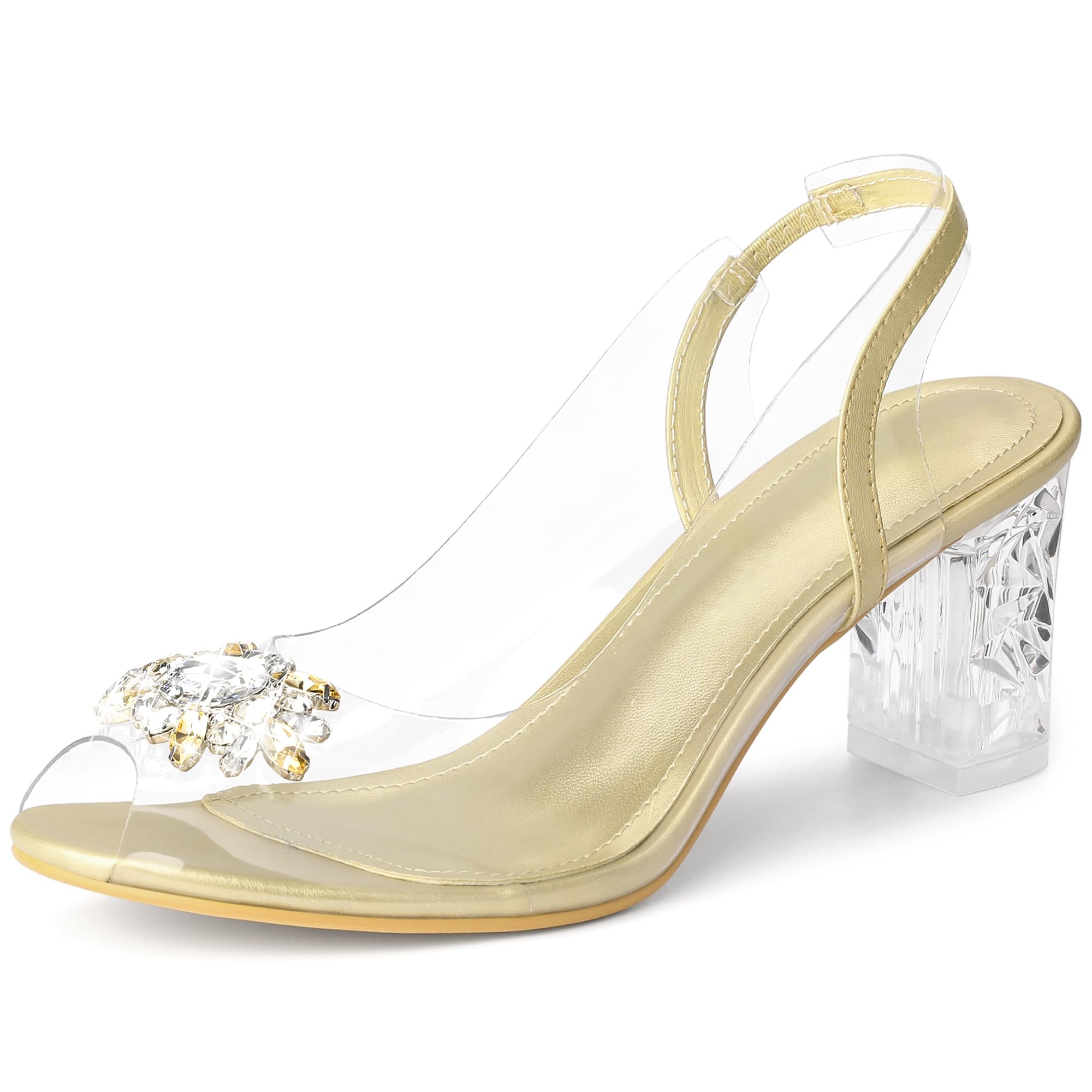 Perphy Women's Clear Slingback Rhinestone Peep Toe Block Heel Sandals - Elegant Dress Shoes for Weddings, Parties & Special Occasions