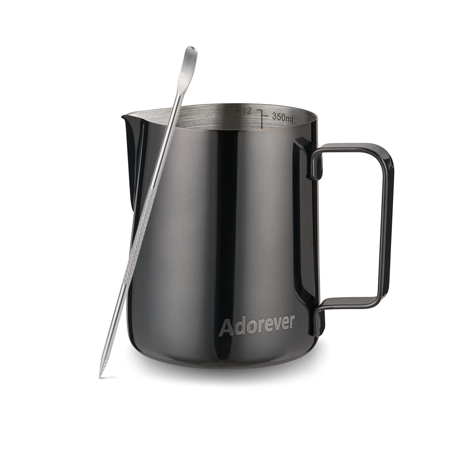 Professional 12oz (350ml) Stainless Steel Milk Frothing Pitcher for Latte Art - Barista-Grade Coffee Steaming Jug with Decorating Pen (Bright Black) - Perfect for Home Baristas & Coffee Shops