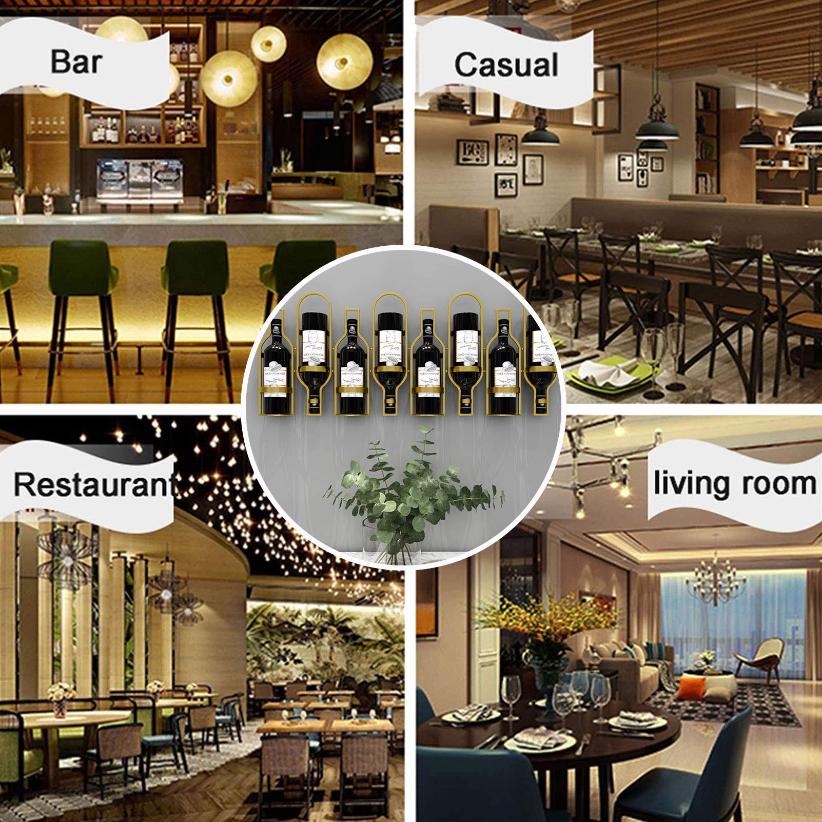 Modern 8-Bottle Wall Mounted Wine Rack - Metal Hanging Wine Display Holder & Organizer in Gold for Kitchen, Bar, or Dining Room Decor