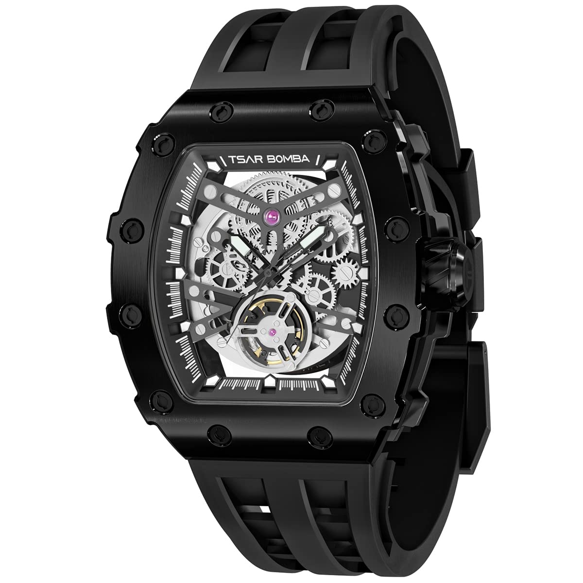 TSAR BOMBA Men's Automatic Mechanical Watch - Original Square Design, Stainless Steel Case with Silicone Strap, 50M Waterproof - Unique Fashion Gift for Him | Perfect for Business, Casual Wear & Special Occasions