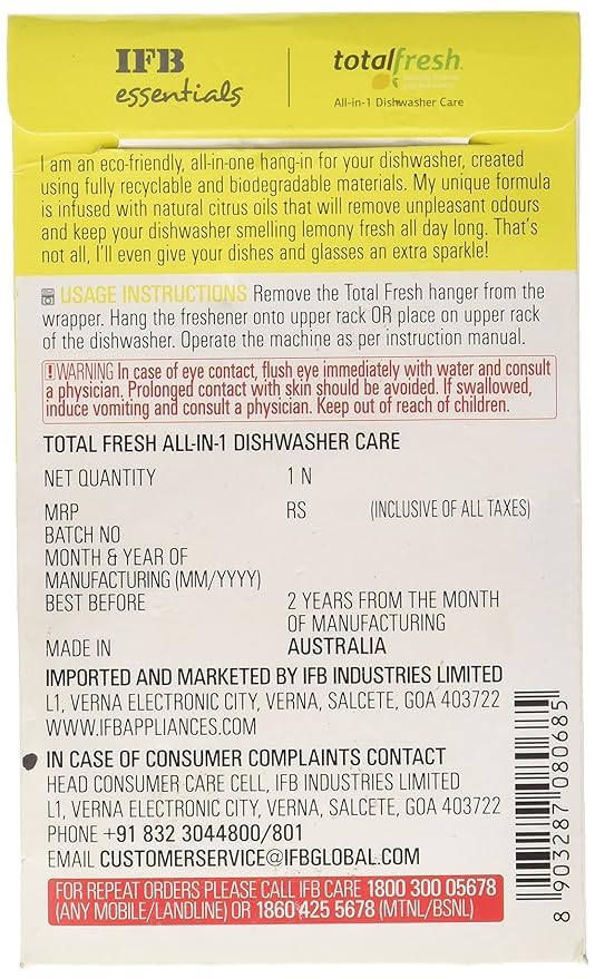 IFB Essentials Total Fresh Dishwasher Freshener - Lemon Scent, 1 Pack | Eliminates Odors & Keeps Dishwasher Fresh | Perfect for Daily Use in Kitchens & RVs