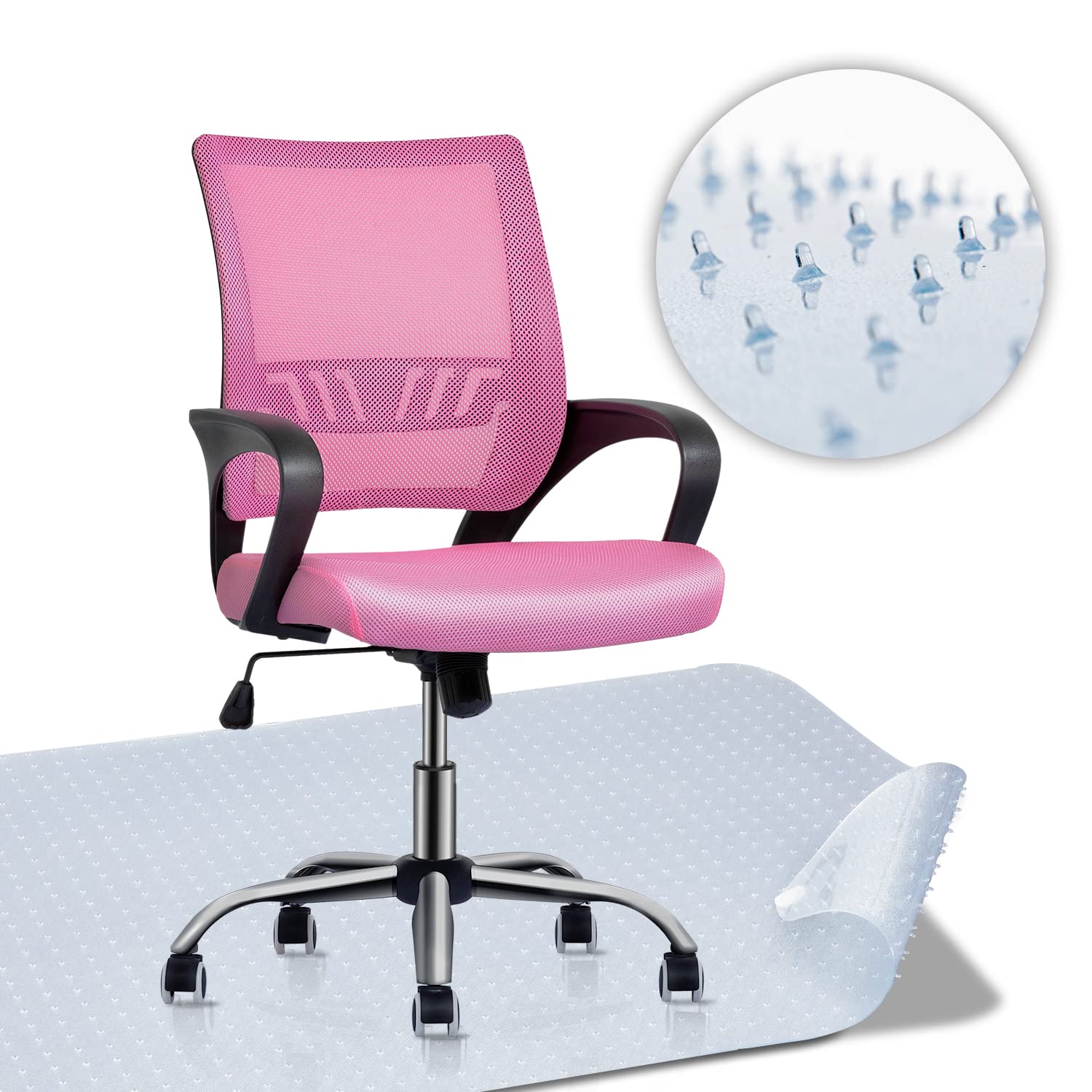 MoNiBloom Pink Mesh Office Chair with Lumbar Support - Ergonomic Mid Back Rolling Swivel Chair + Carpet-Friendly Rectangular Chair Mat - Perfect for Home Office, Gaming & Workspace Comfort