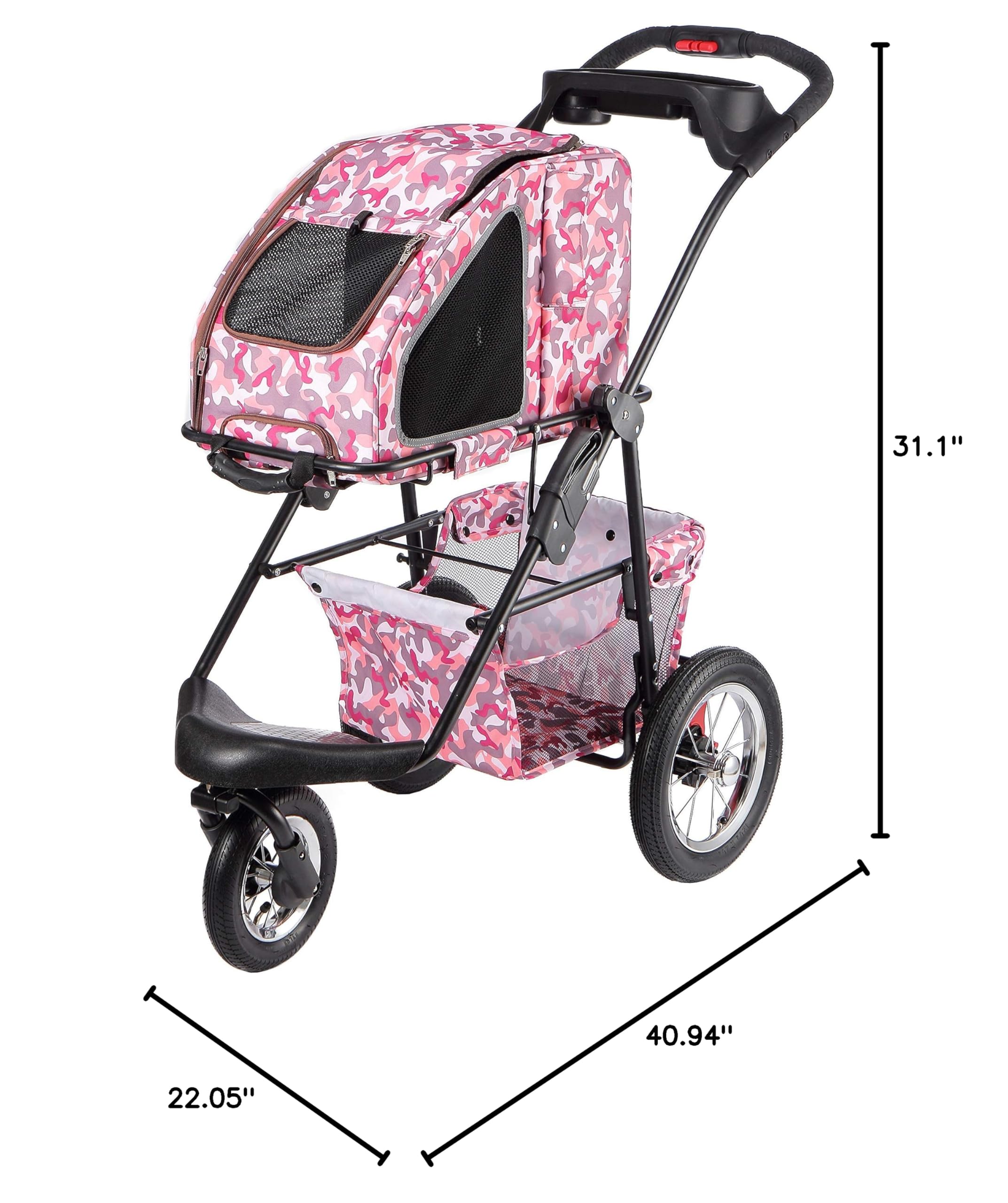 Petique Pink Camo 5-in-1 Complete Travel System with Pet Carrier & Stroller for Small Dogs & Cats | Portable for Car, Airplane & Outdoor Adventures