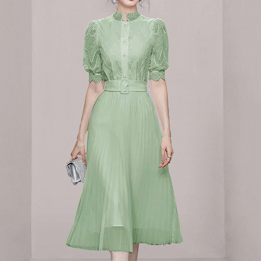 Elegant Women's Pleated Hollow Out Lace Patchwork Midi Dress with Puff Sleeves for Spring & Summer | Boho Chic Style | Perfect for Weddings, Parties & Casual Outings (Color: Blue, Size: Small)