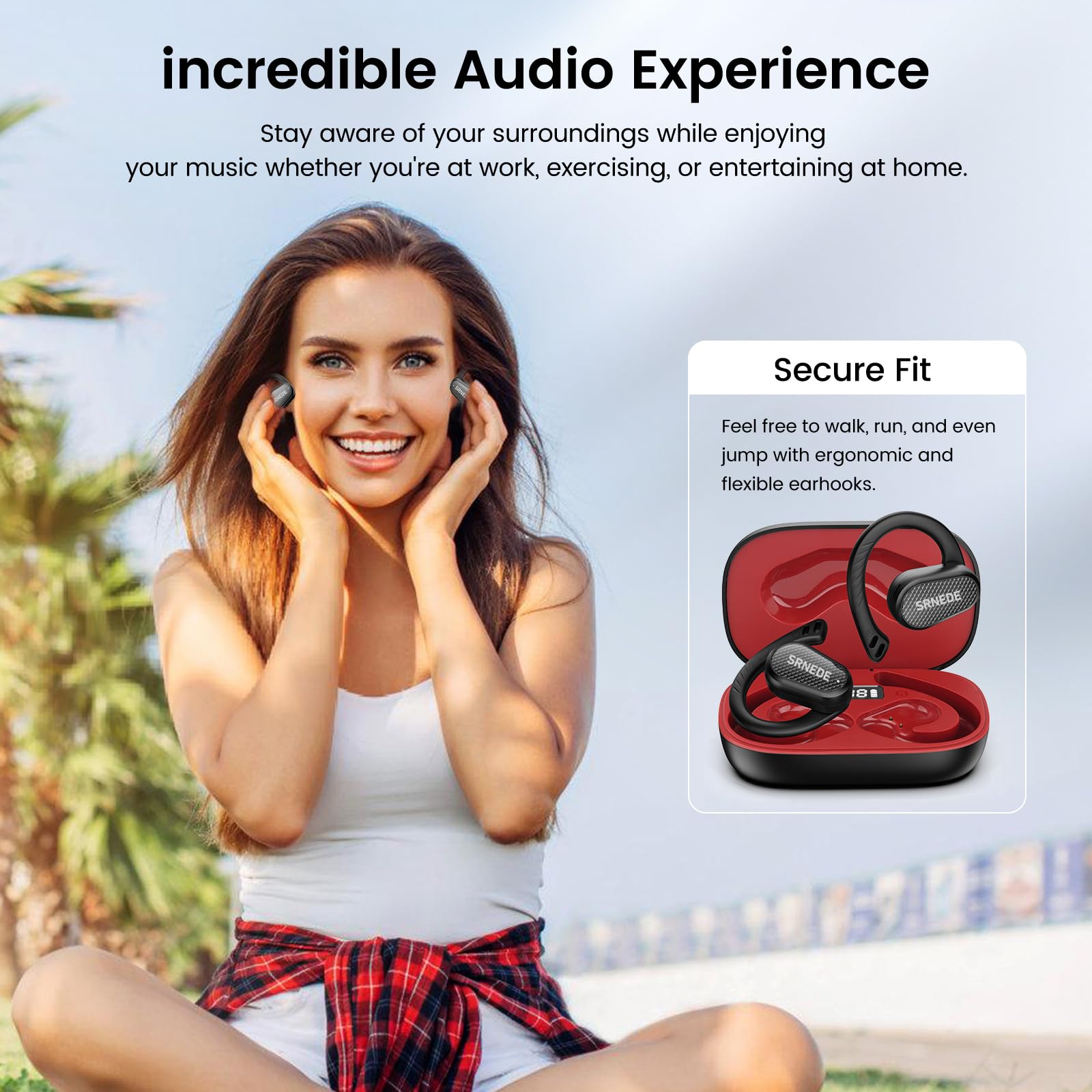 Srnede Open-Ear Wireless Bone Conduction Headphones - Bluetooth Earbuds for Running, Workout, Gym, Cycling & Outdoor Sports (Black, LAN1111) - Sweatproof & Comfortable for All-Day Wear