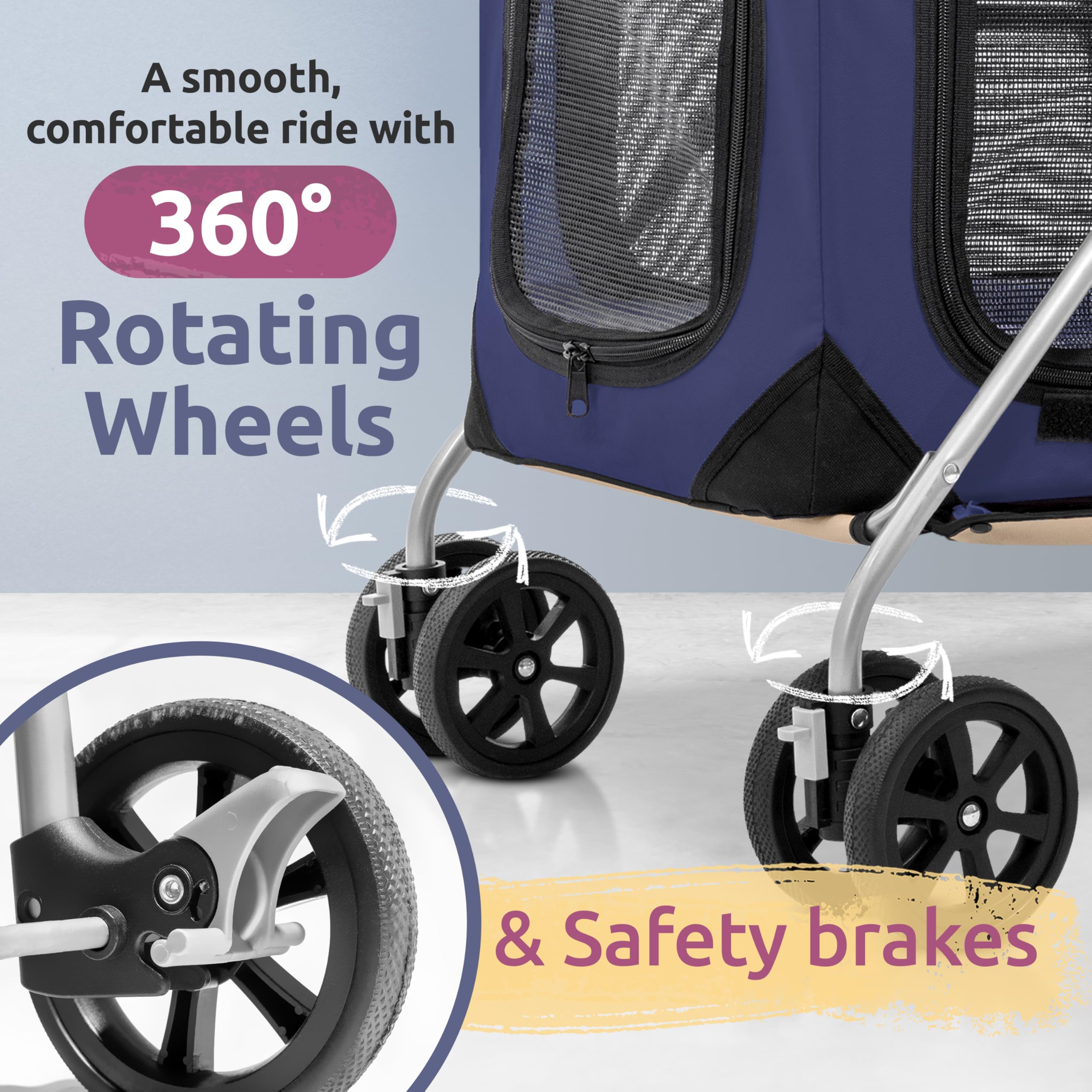 Premium Pet Stroller for 2 Cats or Small to Medium Dogs (10-45 lbs) - Lightweight, Foldable & Breathable Navy Blue Design - Perfect for Park Walks, Vet Visits & Shopping Trips