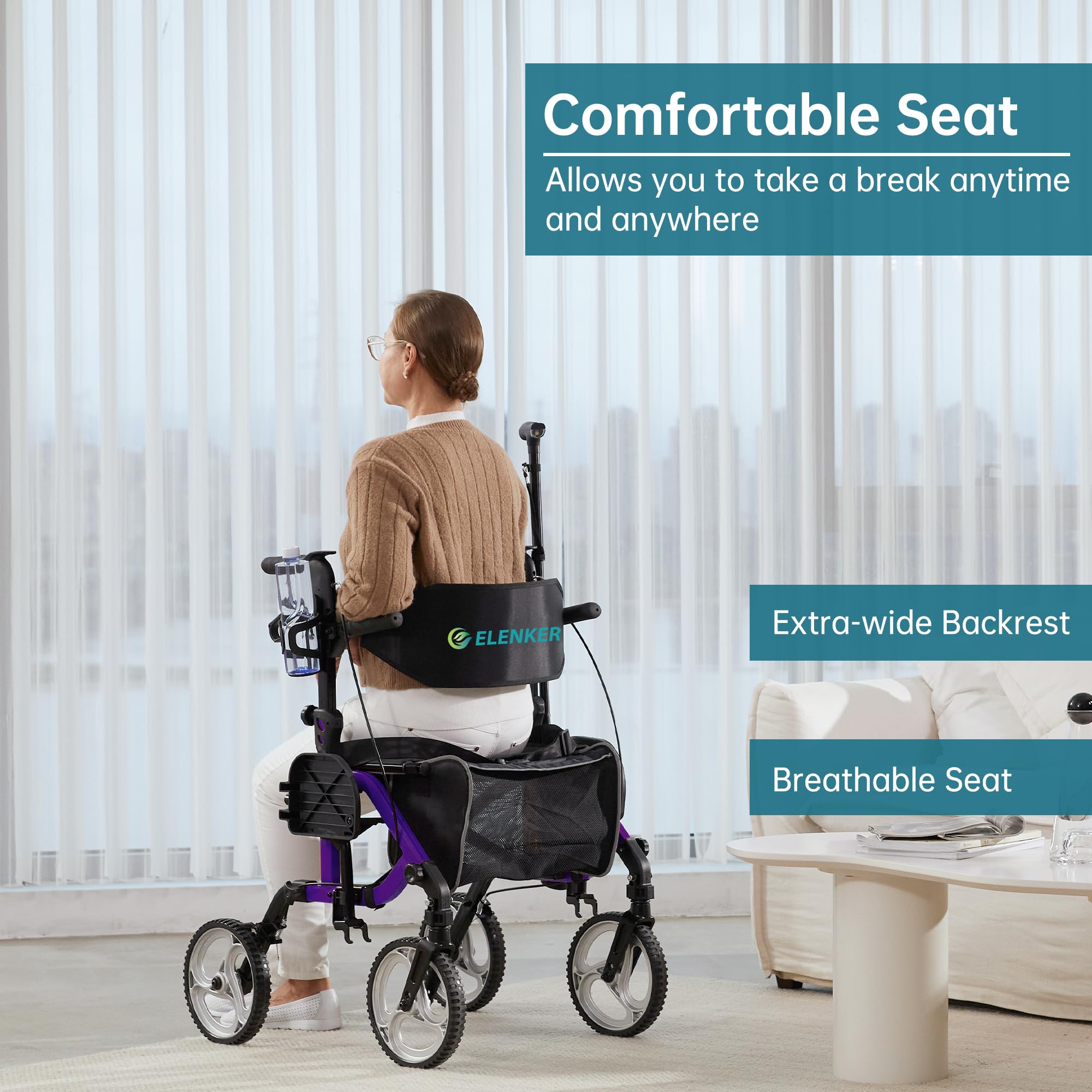 ELENKER 2 in 1 Rollator Walker & Transport Chair - Folding Wheelchair with 10