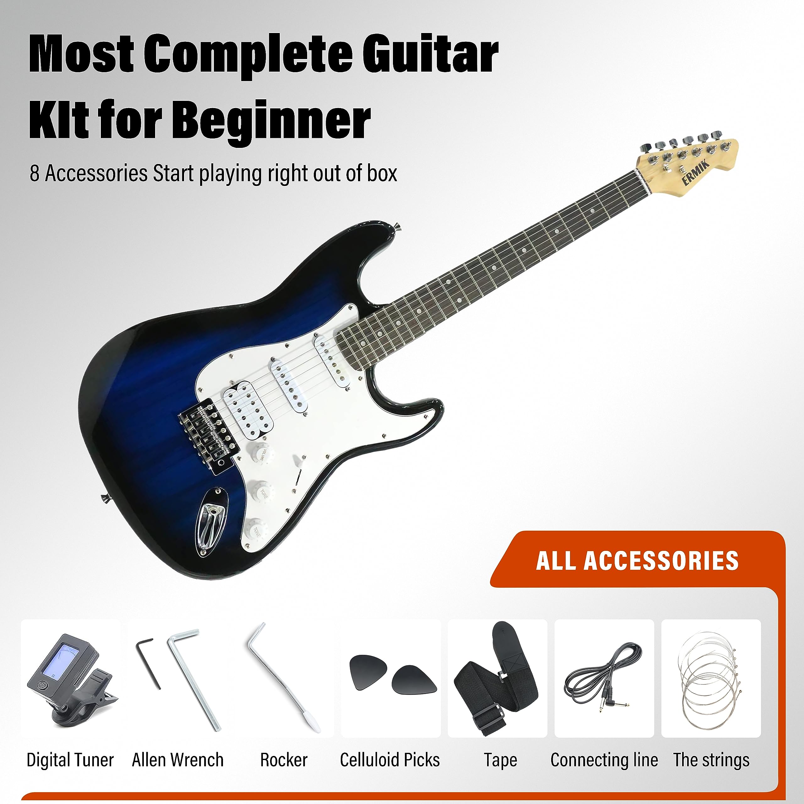 **Ermik Solid Body Electric Guitar Kit with 20W Amp, Strings, Strap, Digital Tuner, Picks, Gig Bag, Cable, Tremolo Bar – 39