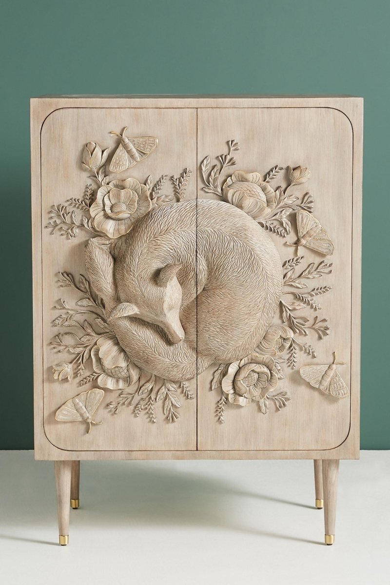 Hand Carved Wooden Bar Cabinet with Fox Design - Taupe Finish | Rustic Home Bar Furniture for Living Room, Dining Room & Man Cave Decor