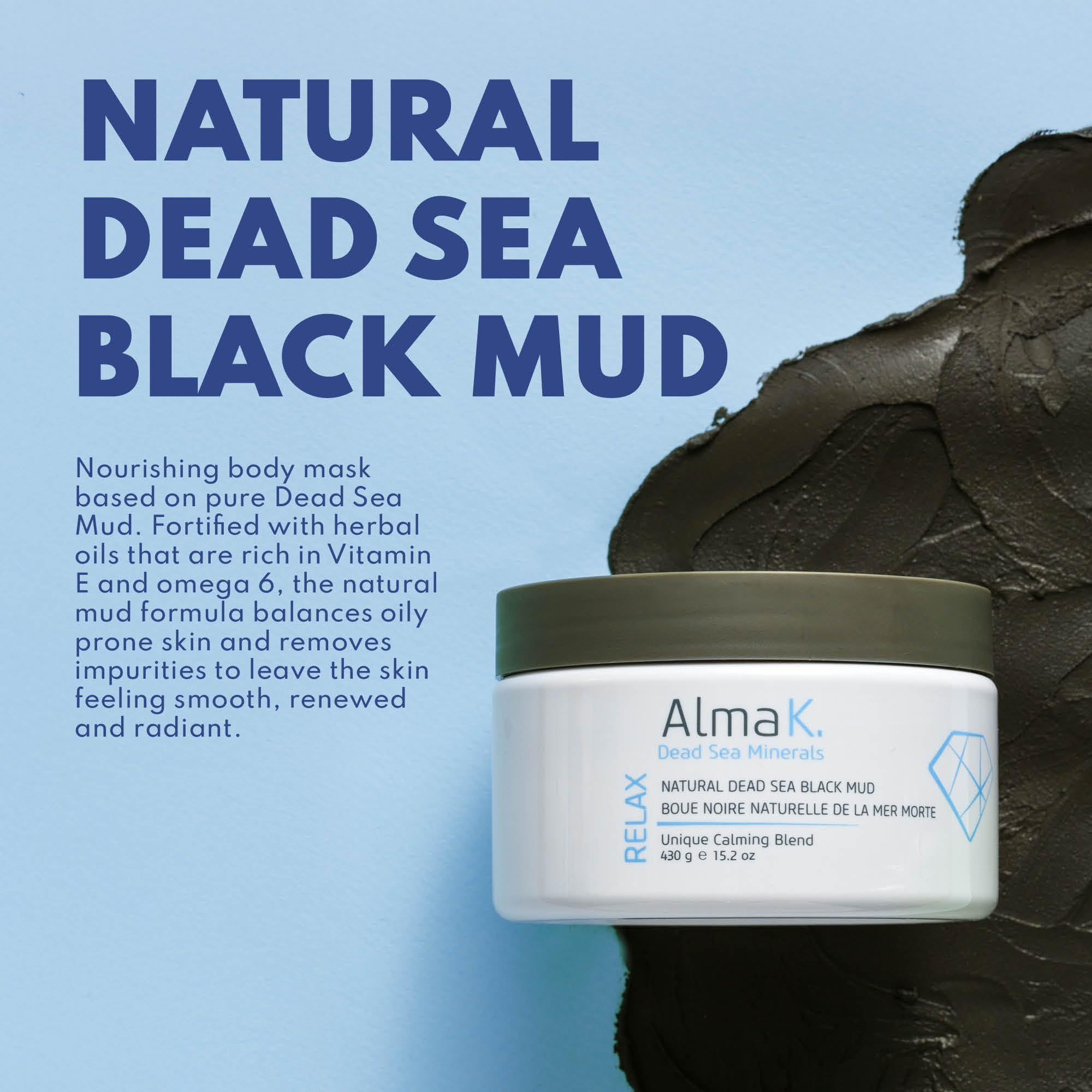 ALMA K Natural Dead Sea Black Mud Mask - Organic Deep Cleansing & Detoxifying Facial & Body Mask for Women & Men - 15.2 oz - Perfect for Spa Days, Acne Treatment & Skin Rejuvenation