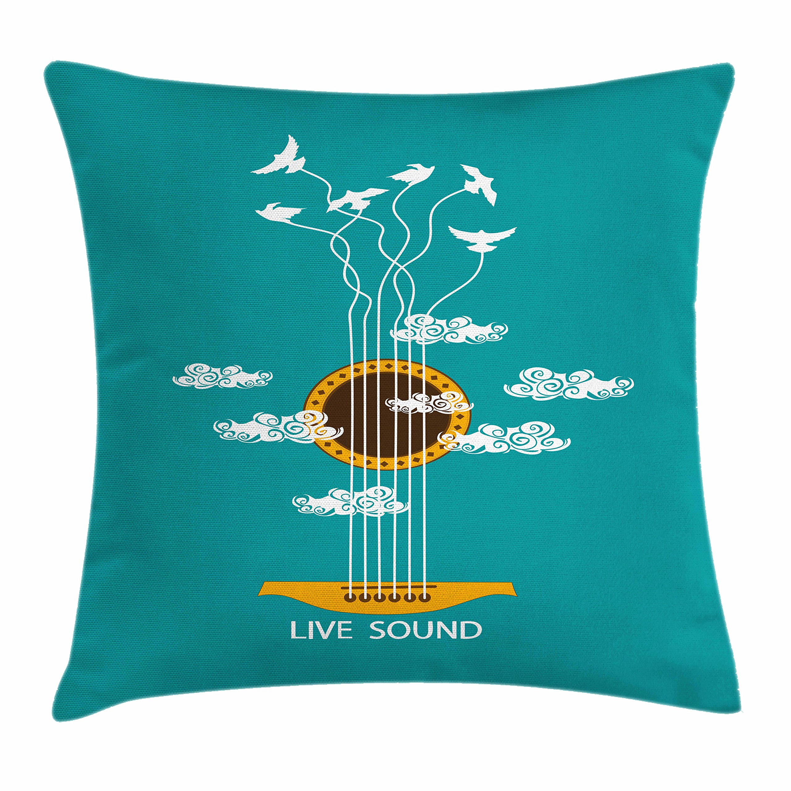 Ambesonne Guitar Themed Throw Pillow Cover 18x18 Inches - Abstract Music Design with Birds on Strings & Clouds - Turquoise Marigold White Square Decorative Cushion Case for Living Room, Bedroom, Studio Decor