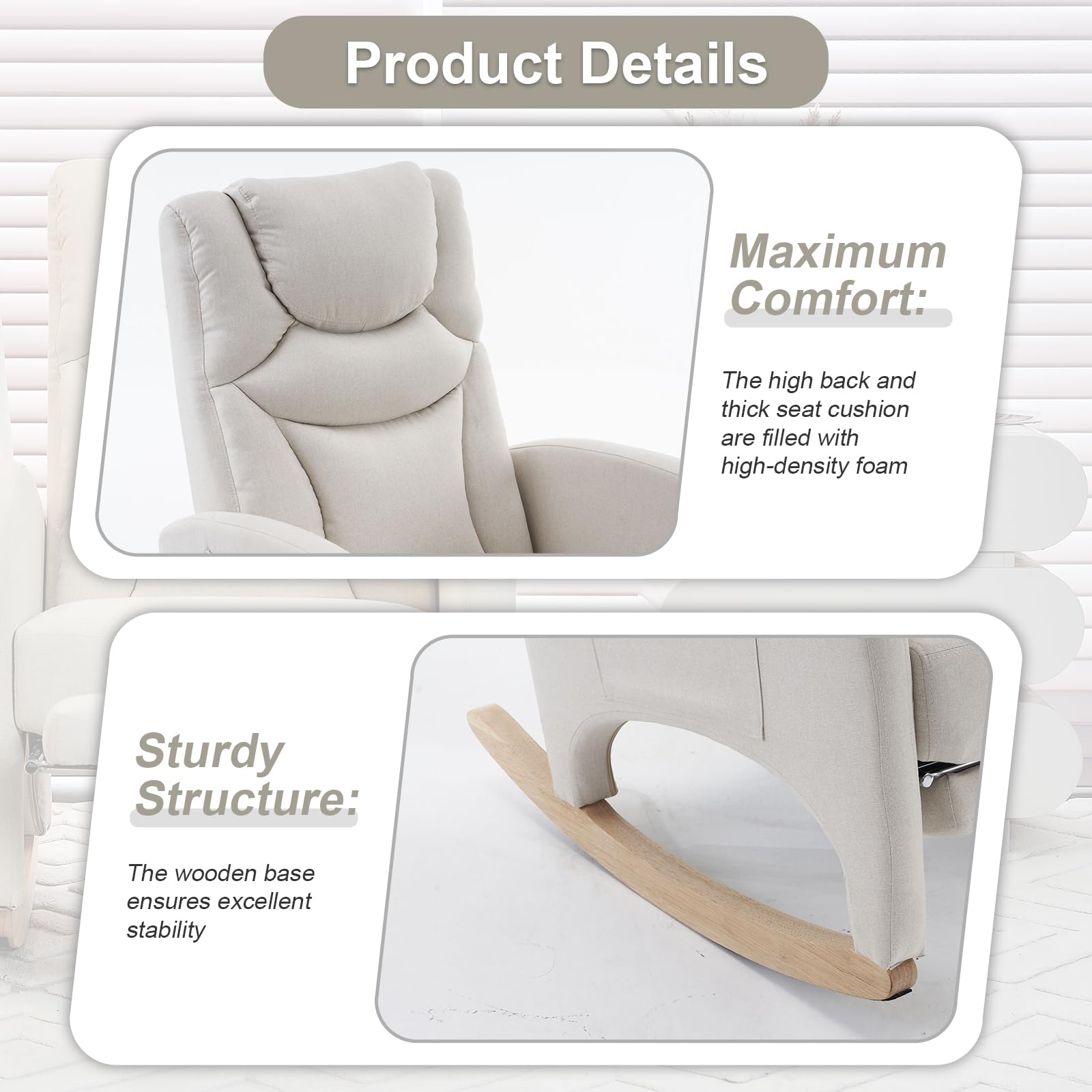 Comfy Cotton Linen Nursery Rocking Chair with Adjustable Footrest & High Backrest - Glider Rocking Armchair for Nursery, Bedroom or Living Room - Beige Accent Chair for Breastfeeding, Reading & Relaxing