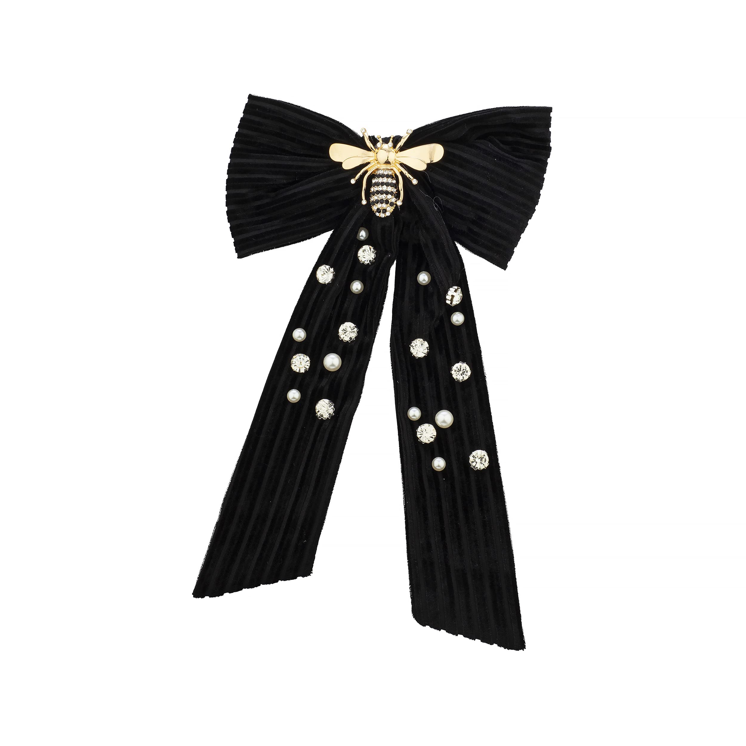 Golden Bee Hair Clip - Black Velvet Bow with Faux Pearls for Parties & Weddings