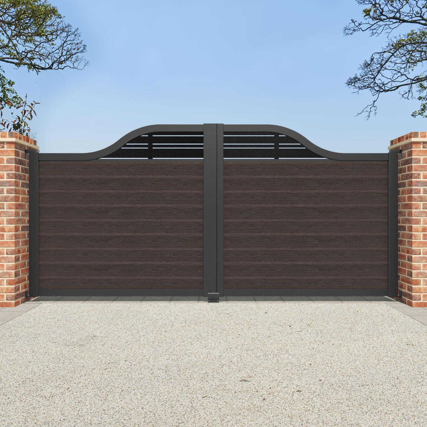 Classic Linea Curved Top Driveway Gate - Mid Brown Powder Coated Steel with Decorative Top Screen - Perfect for Home Security, Privacy & Curb Appeal