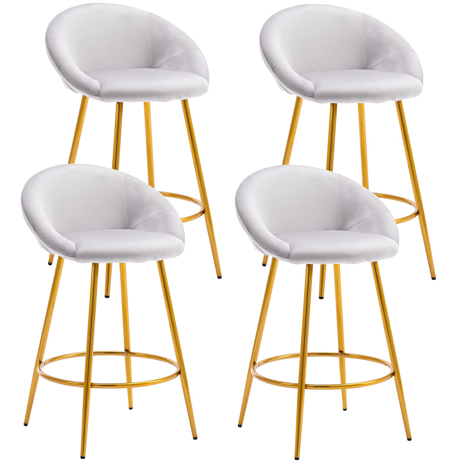 Modern Velvet Bar Stools Set of 4 - 26 Inch Counter Height Bar Chairs with Back & Gold Metal Legs - Kitchen Island Stools for Dining Room, Coffee Shop, Restaurant, Home Bar (Grey) - Perfect for Breakfast Nooks, Kitchen Islands, and Home Bars