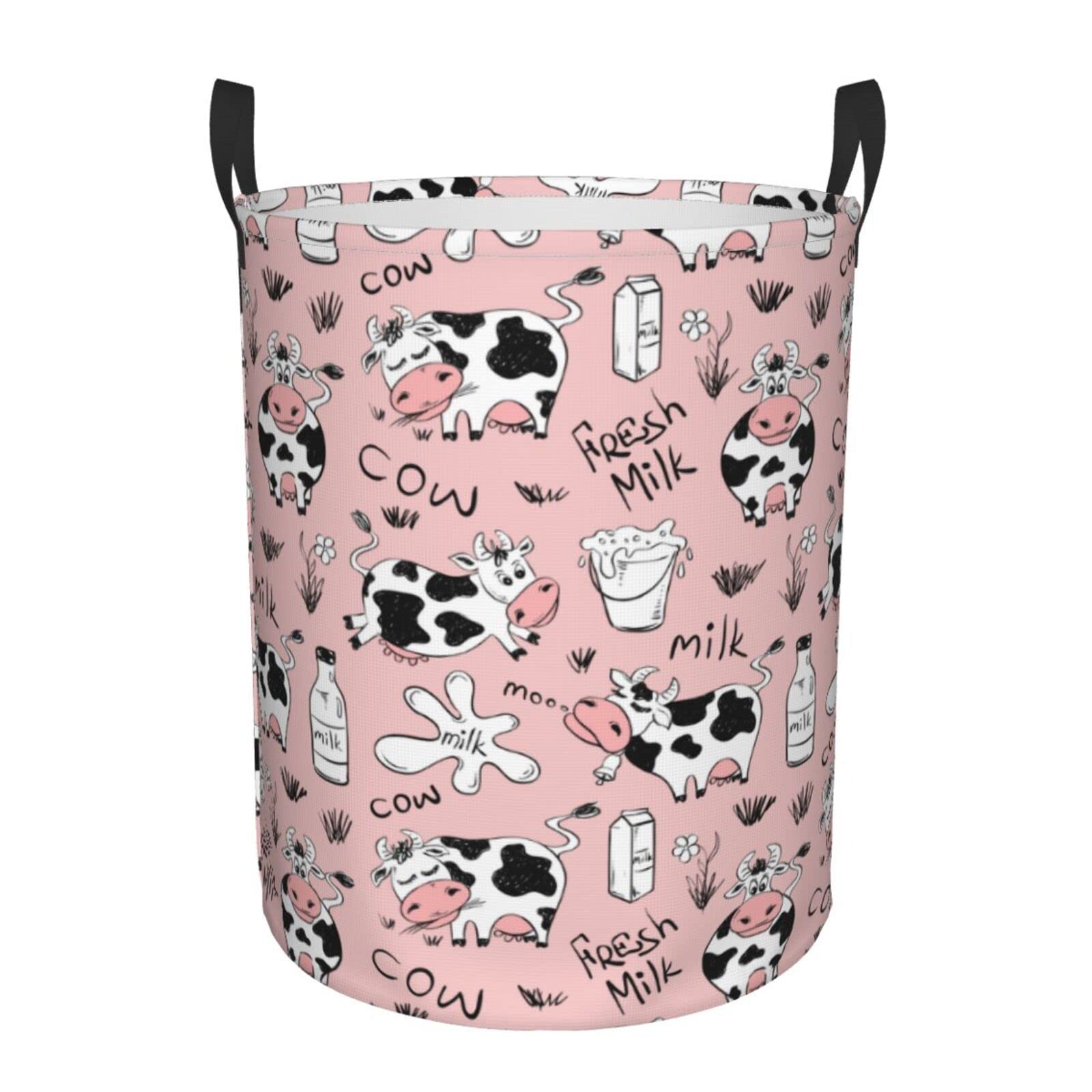 Funny Cow Milk Print Collapsible Laundry Basket with Handle - Waterproof Fabric Hamper Organizer for Dirty Clothes, Toys & Bathroom Storage - Large Capacity Laundry Bin for Home, Dorm & Nursery Use