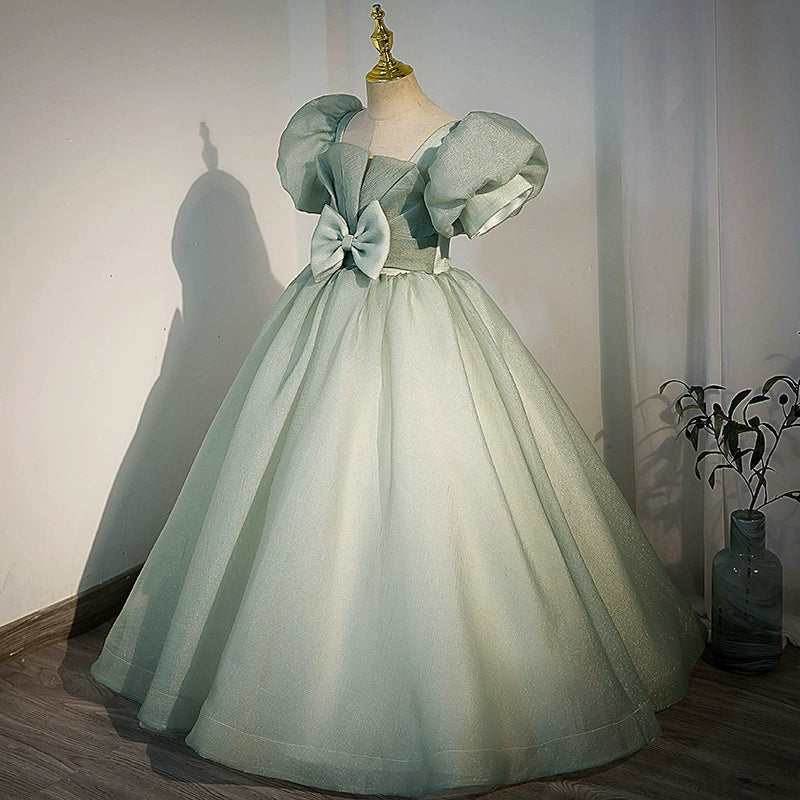 Sage Green Princess Square Neck Floor Length Tulle Flower Girl Dress - Perfect for Weddings, Pageants & Special Occasions