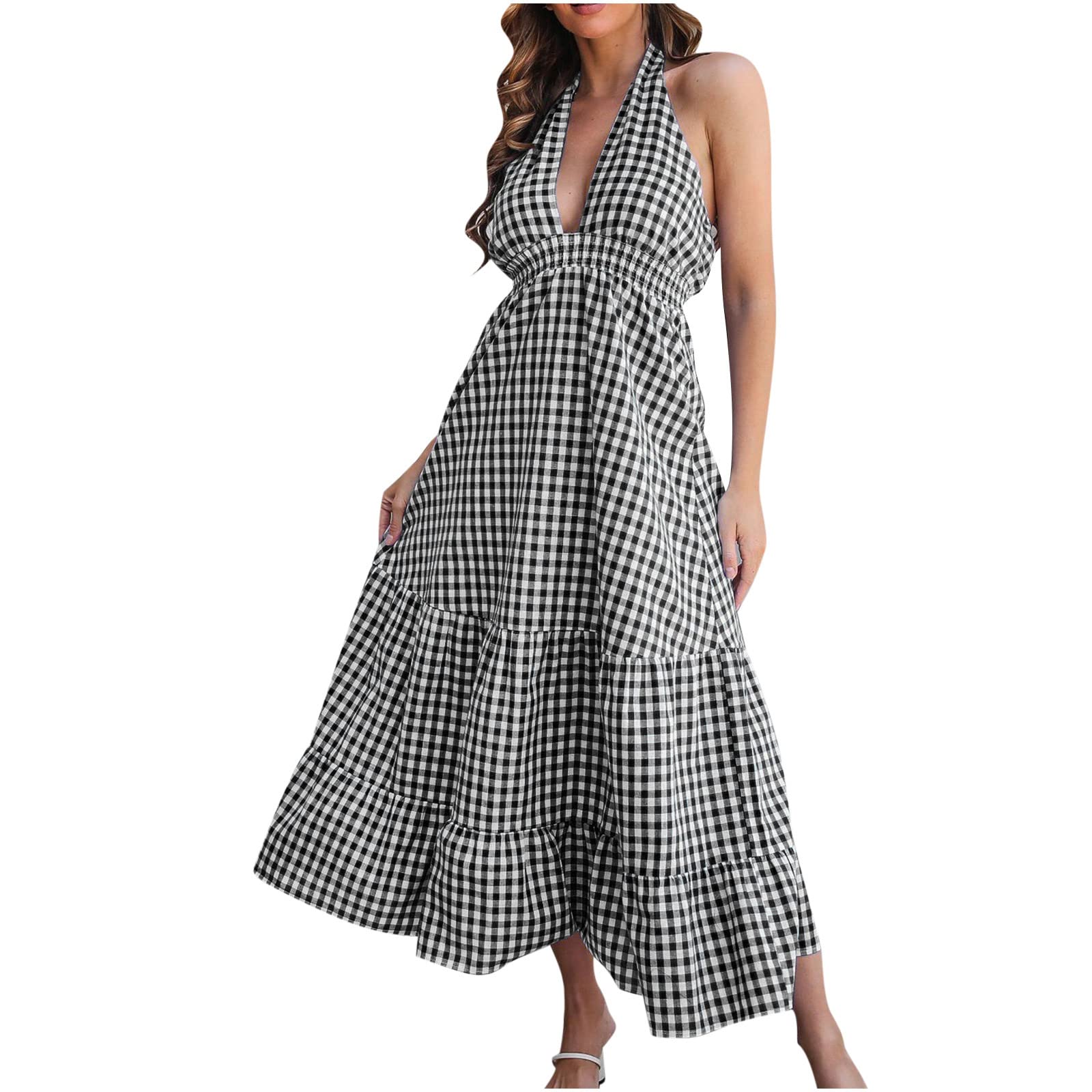 2022 Summer Women's Halter Neck Sexy Plaid Printed Maxi Dress - Sleeveless Ruffled Long Sundress for Beach, Party & Casual Wear