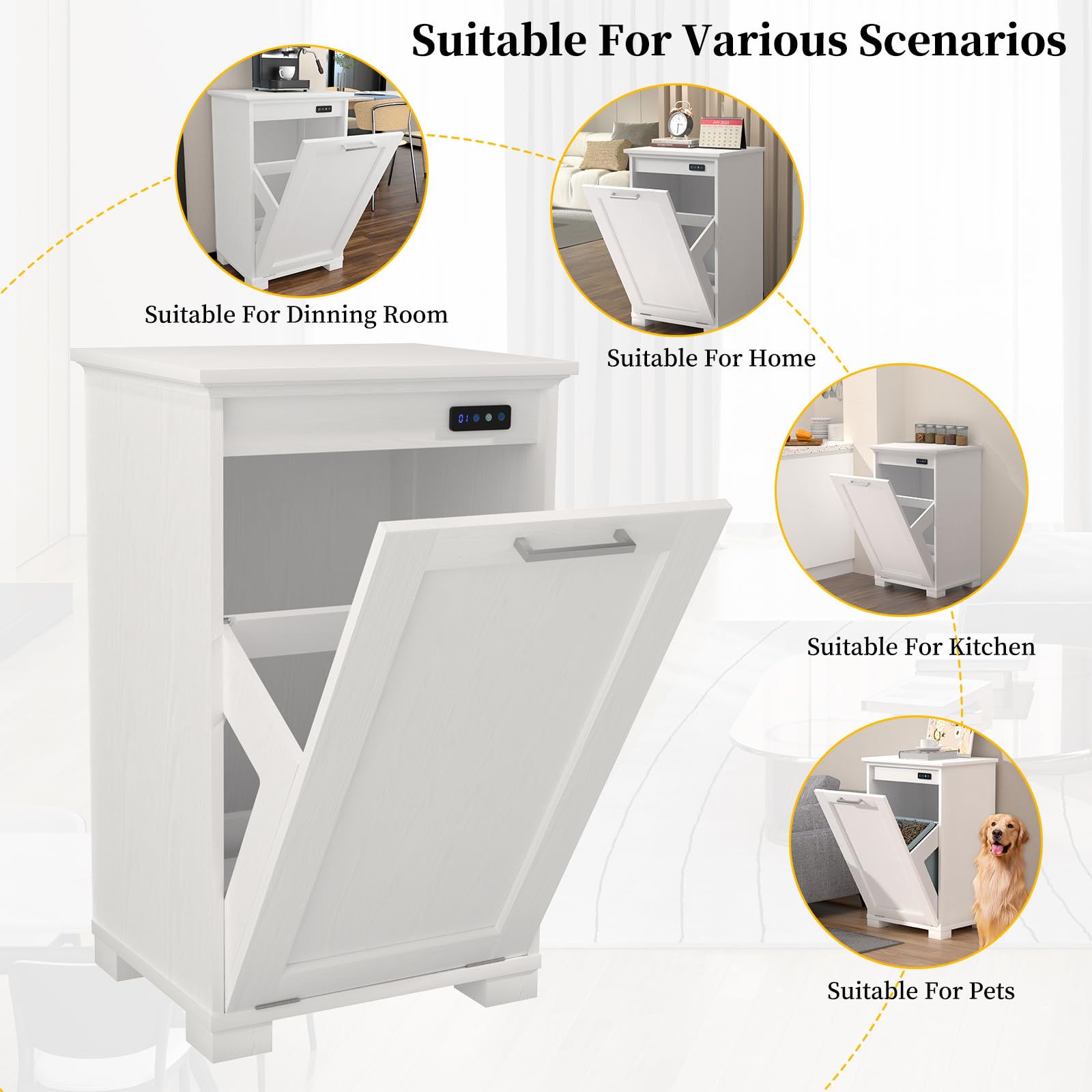 10-Gallon Tilt Out Trash Cabinet with Odor Control - White Wooden Freestanding Kitchen Garbage Can & Hidden Laundry Hamper for Home, Bathroom, and Pantry Organization