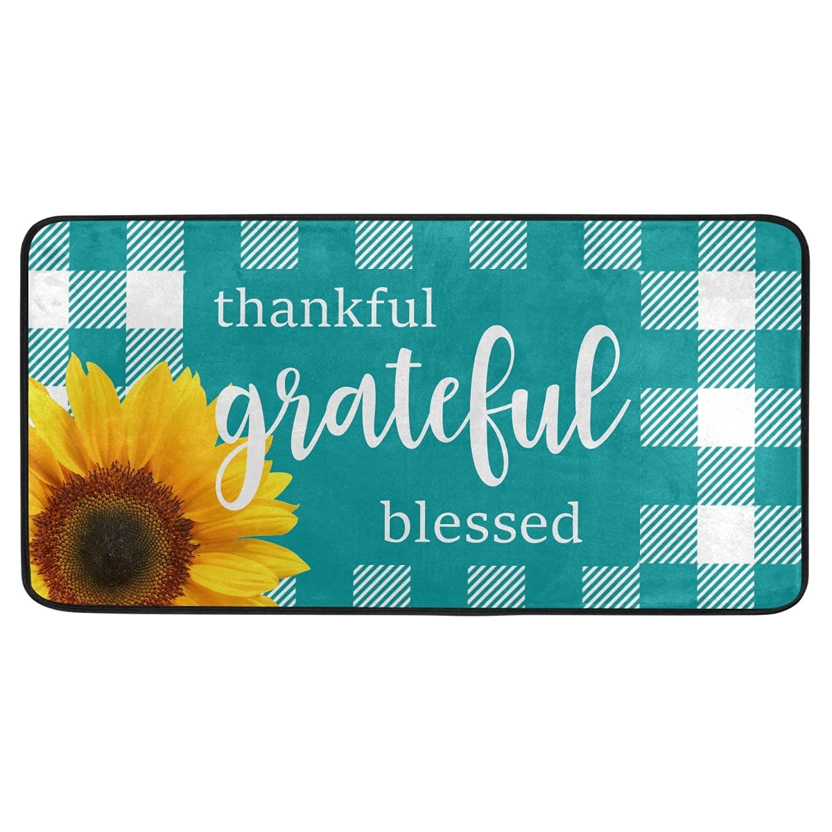 Buffalo Check Turquoise Plaid Washable Kitchen Rug - Non-Slip Anti-Fatigue Floor Mat for Sunflower Themed Kitchens | Perfect for Farmhouse Decor & High-Traffic Areas