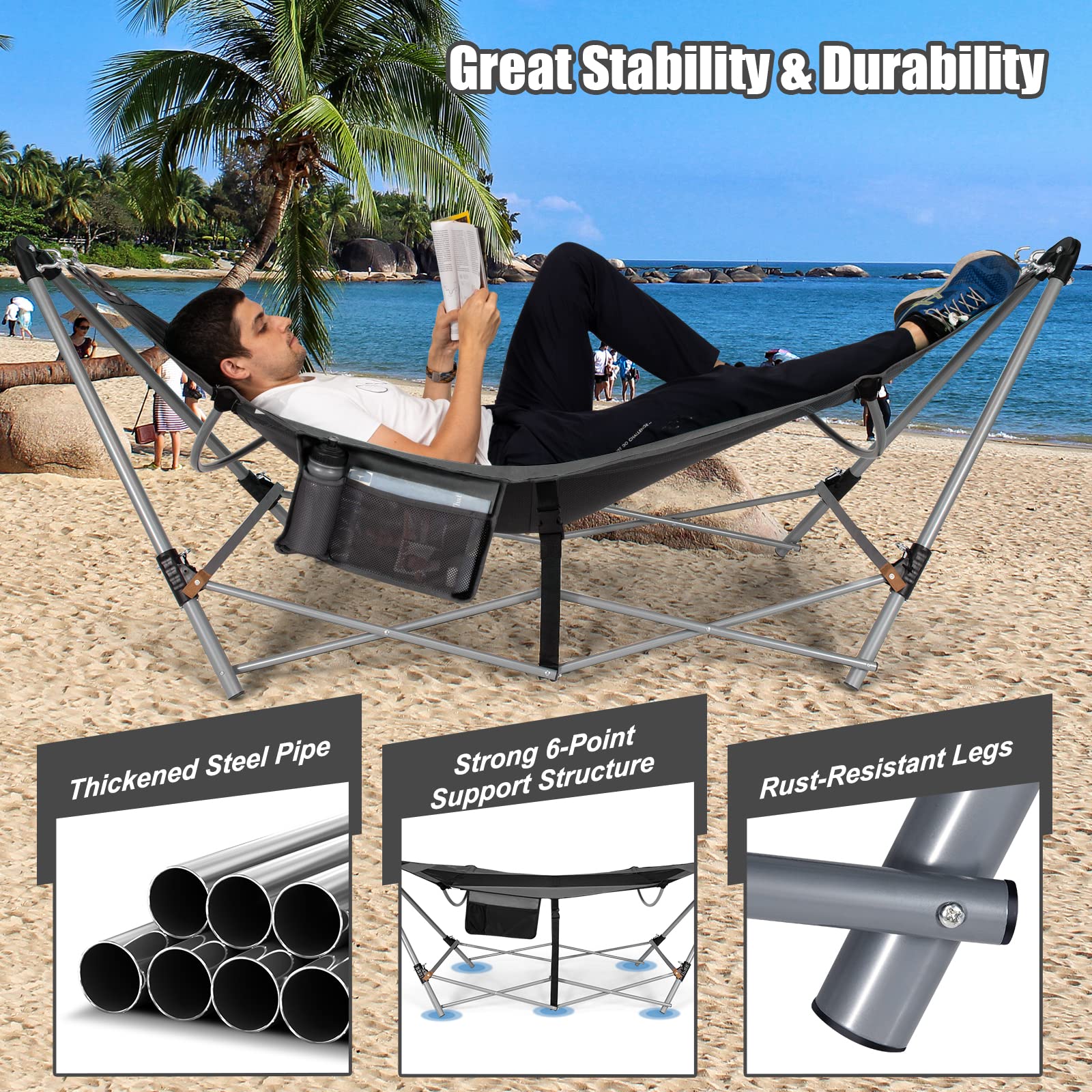 Giantex Portable Folding Hammock with Stand - Lightweight Camping Bed for Indoor & Outdoor Use, Patio Yard Beach Lounge with Side Pocket & Anti-Tip Buckles, Durable Iron Frame (Grey) - Perfect for Camping, Backyard Relaxation, Beach Vacations and Outdoor Adventures