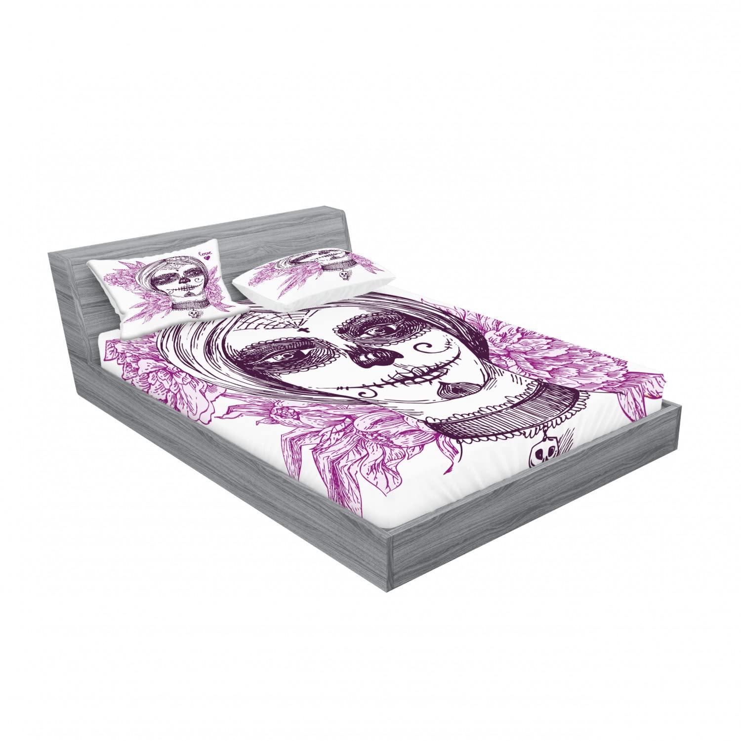 Ambesonne Gothic 2-Piece Queen Size Bedding Set - Vampire Skull Print Fitted Sheet & 4 Pillow Shams in Violet Purple & White | Spooky Halloween Decor, Gothic Bedroom Accessories for Vampire & Dark Theme Lovers