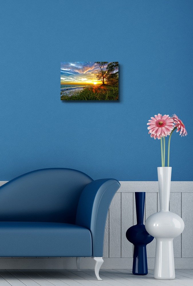 Premium Canvas Prints Wall Art - Stunning Sunset at The Beach Painting - 12x18 Inch Framed Home Decor for Living Room, Bedroom & Office