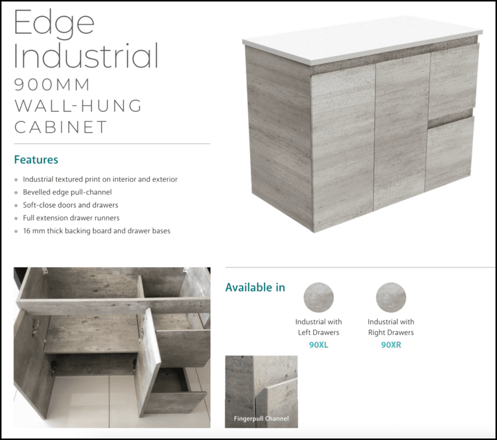 Fienza 900mm SC90XR Crystal Pure Undermount Stone Top Bathroom Vanity - Modern Wall Hung Vanity Unit with Right Drawers - Perfect for Small Bathrooms & Industrial Style Homes