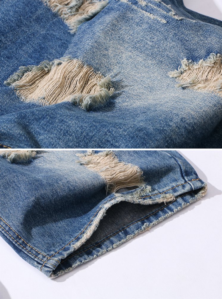 Men's Slim Fit Ripped Blue Denim Bib Overalls Shorts - Stylish Distressed Denim Jumpsuit for Casual Outings & Music Festivals