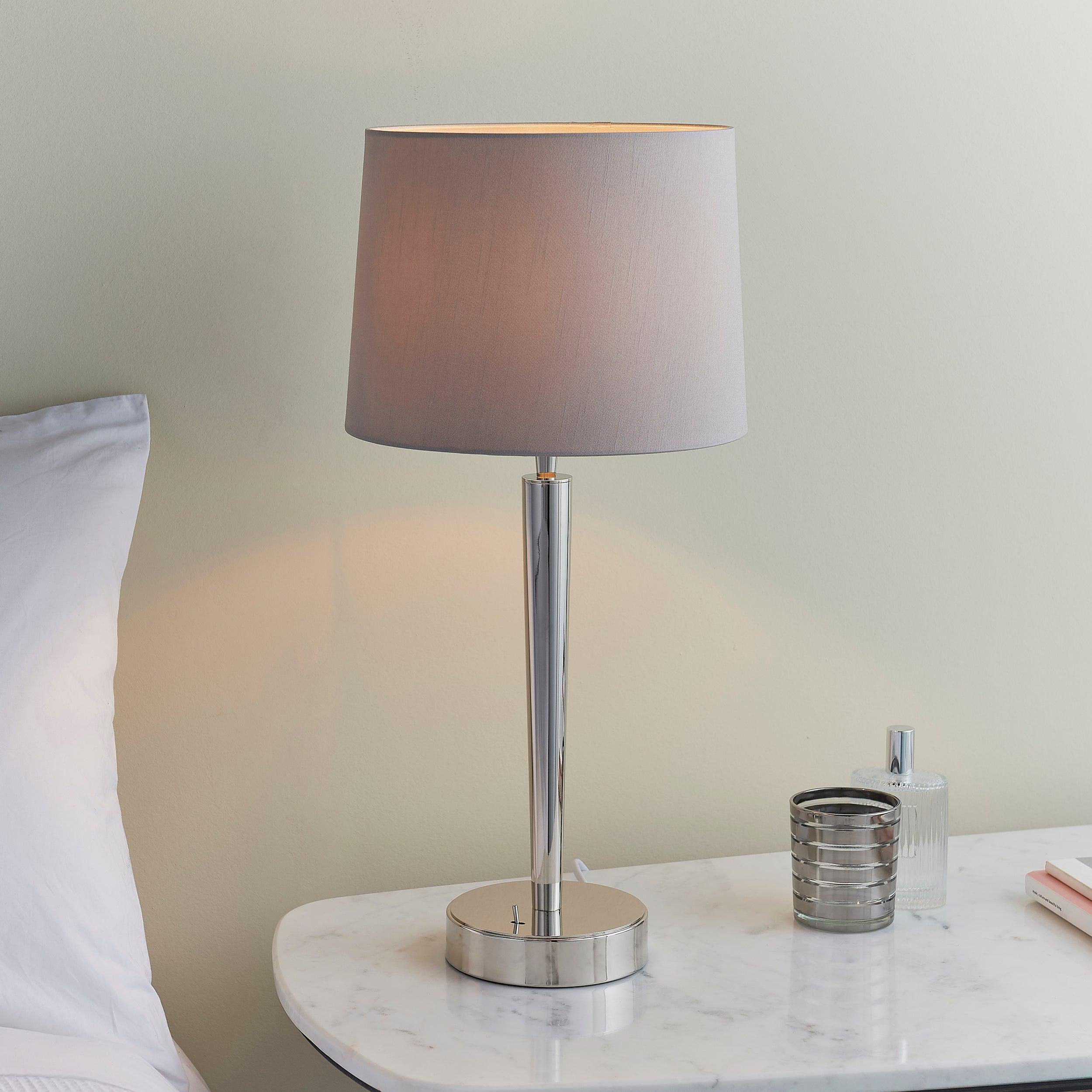 Endon Syon 1-Light Nickel Finish Table Lamp with Mink Fabric Shade - Perfect for Bedroom Nightstand, Living Room Side Table or Office Desk Lighting