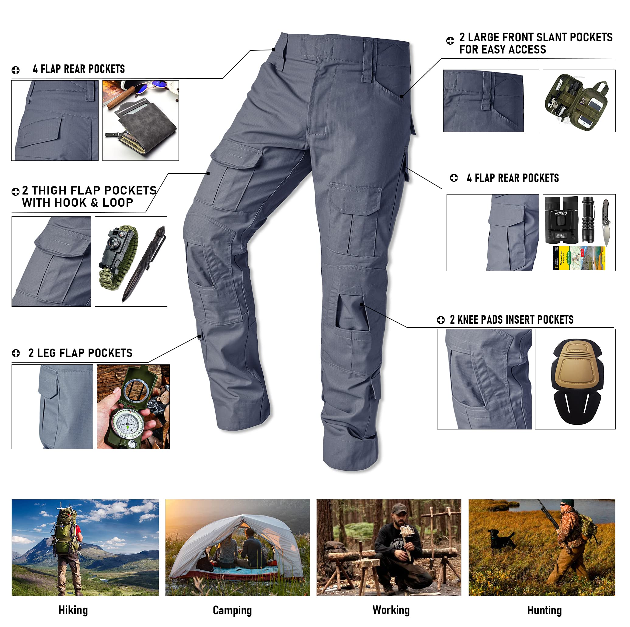 Men's Tactical Cargo Pants - Camo Ripstop Outdoor Hiking & Work Pants with Multiple Pockets (No Belt/Kneepad) - Perfect for Camping, Hunting & Construction Work