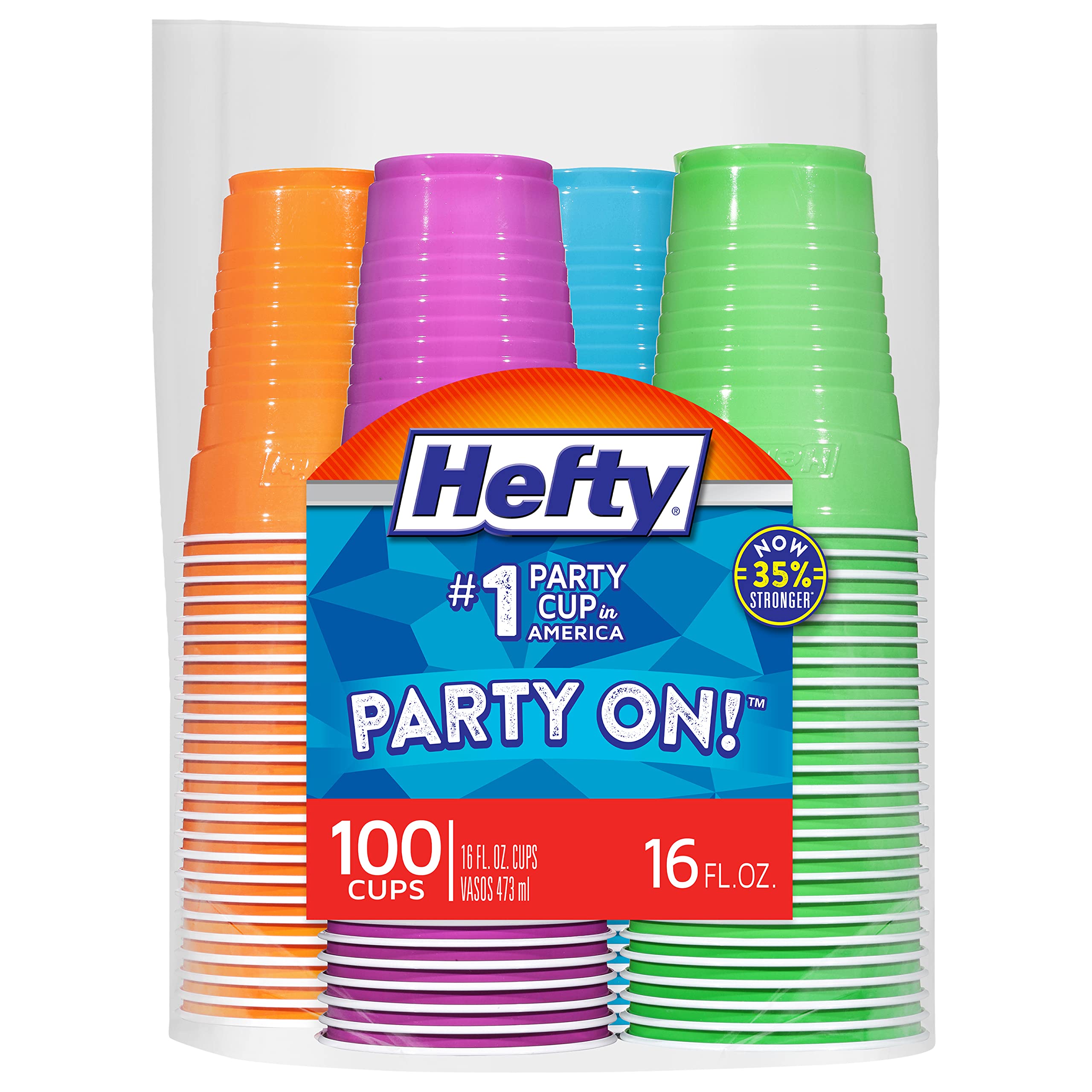 Hefty Party On Multicolor Disposable Plastic Cups - 16oz (100 Count) | Orange, Purple, Blue & Green | Easy-Grip Design for Parties, BBQs & Outdoor Events